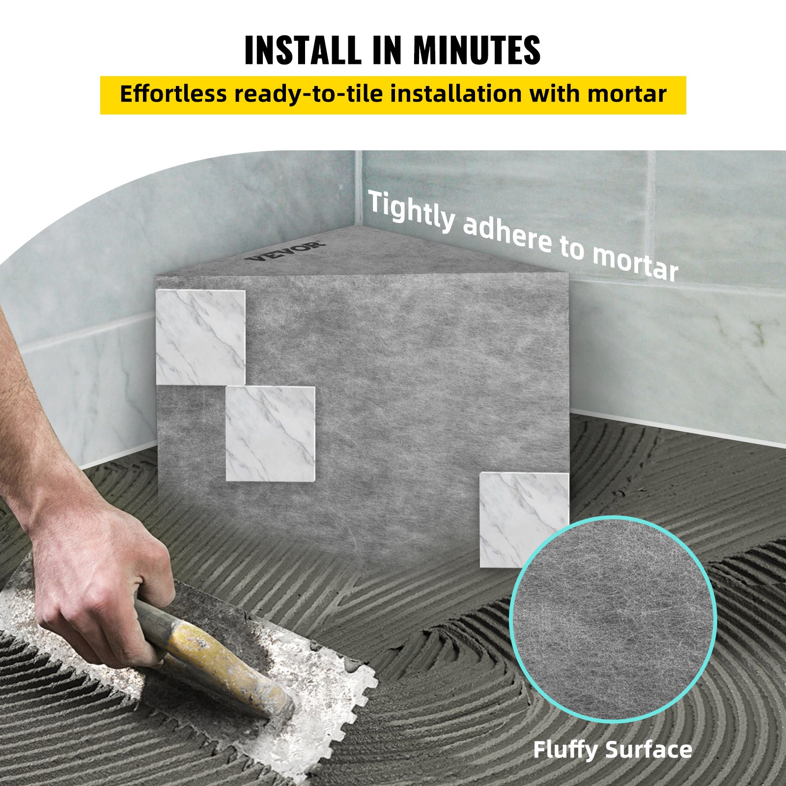 VEVOR tile shower seat with mortar installation, showcasing tiles and fluffy surface for easy adhering.