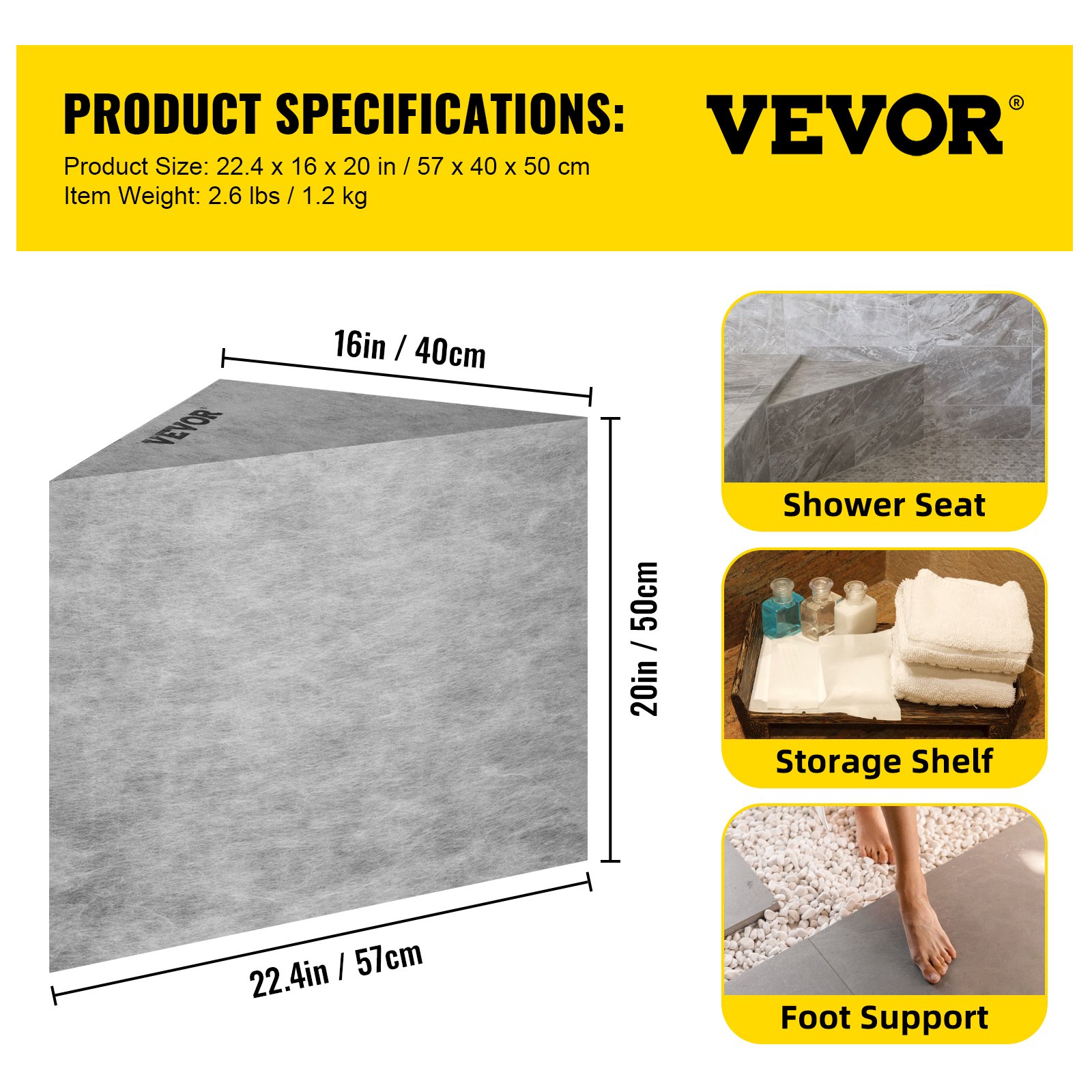 VEVOR tile shower seat dimensions 22.4in x 16in x 20in, with shower seat, storage shelf, and foot support.