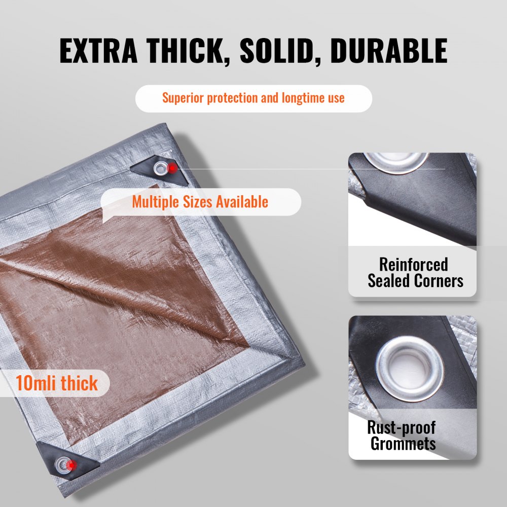 VEVOR Tarp Waterproof 16x20 ft, Plastic Poly Tarp Cover 10 Mil, Multi Purpose Tear UV and Temperature Resistant Outdoor Tarpaulin with High Durability Reinforced Grommets (Silver/Brown)