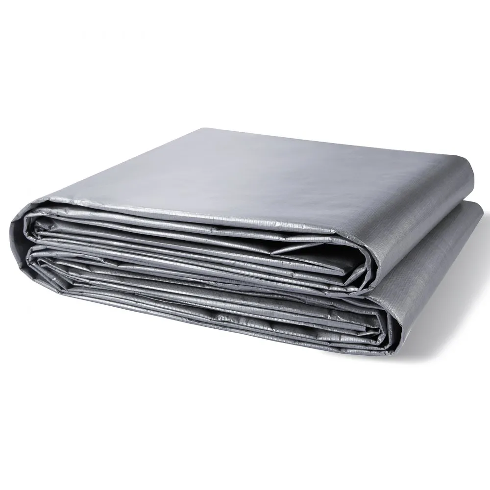 folded silver VEVOR waterproof tarp, neatly stacked on a plain white background.