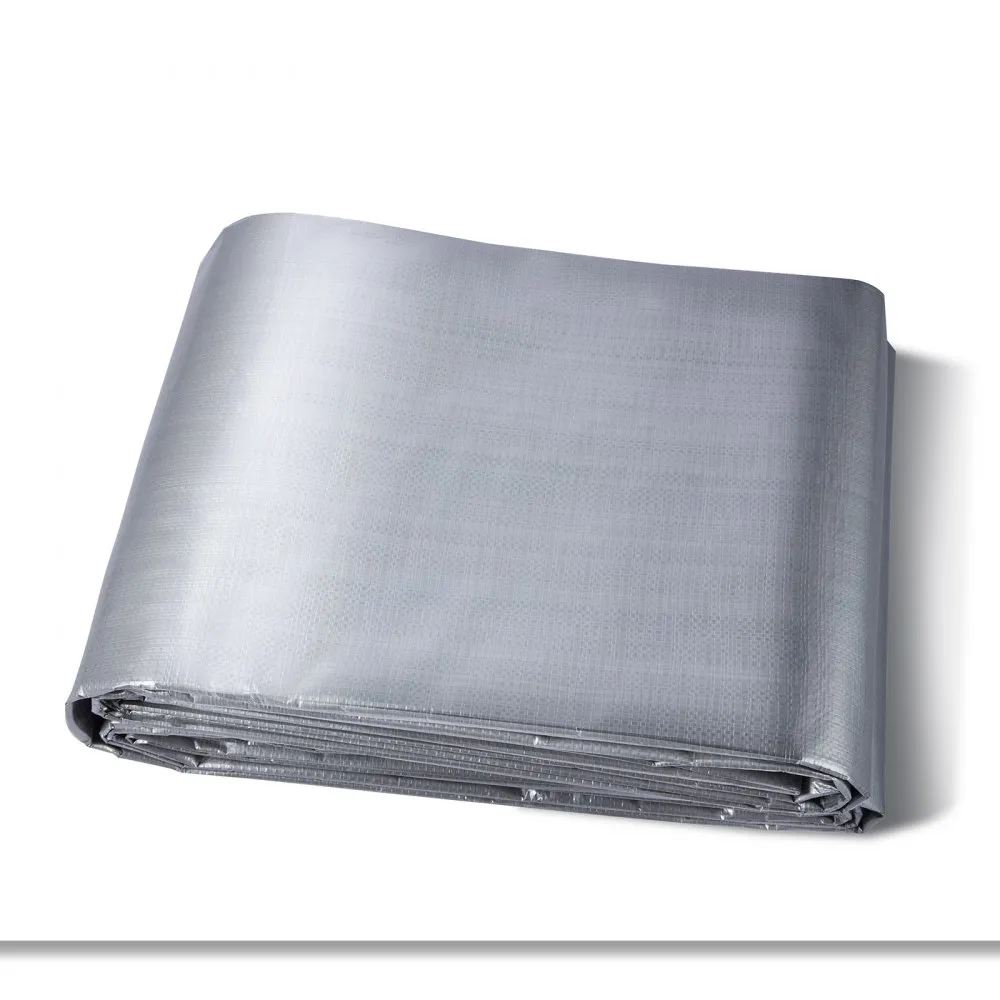 folded gray VEVOR waterproof tarp on white surface. durable and versatile for various weather conditions.