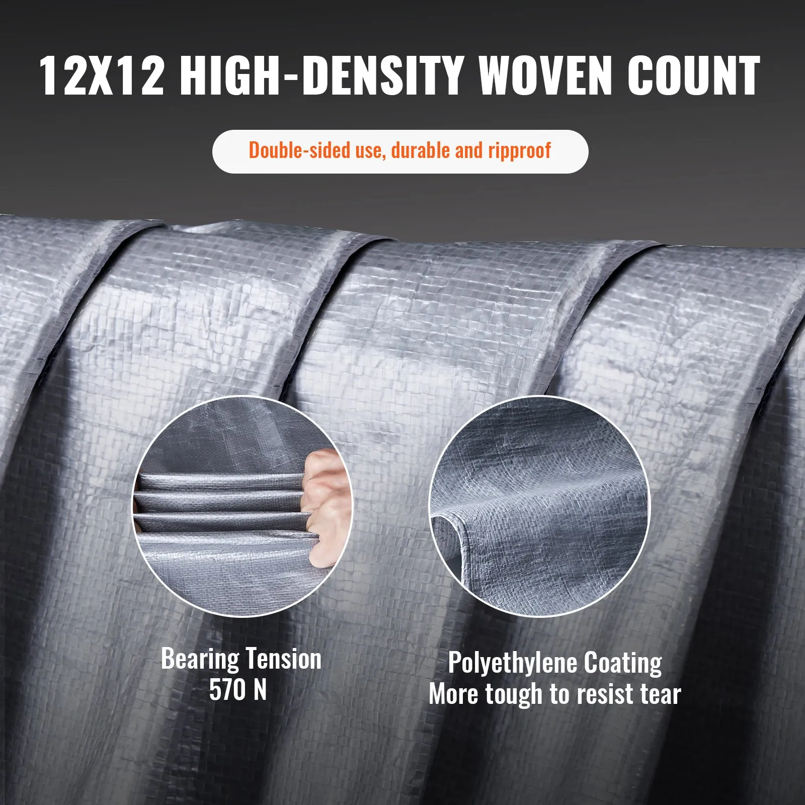 12x12 high-density polyethylene VEVOR waterproof tarp showcasing double-sided use and ripproof features.