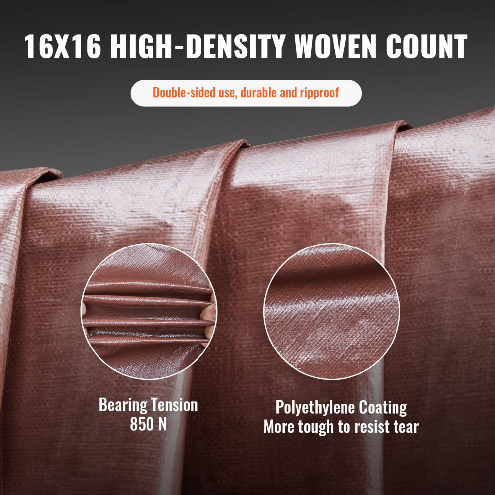 VEVOR waterproof tarp with 16x16 high-density woven count, double-sided use, and 850n bearing tension.