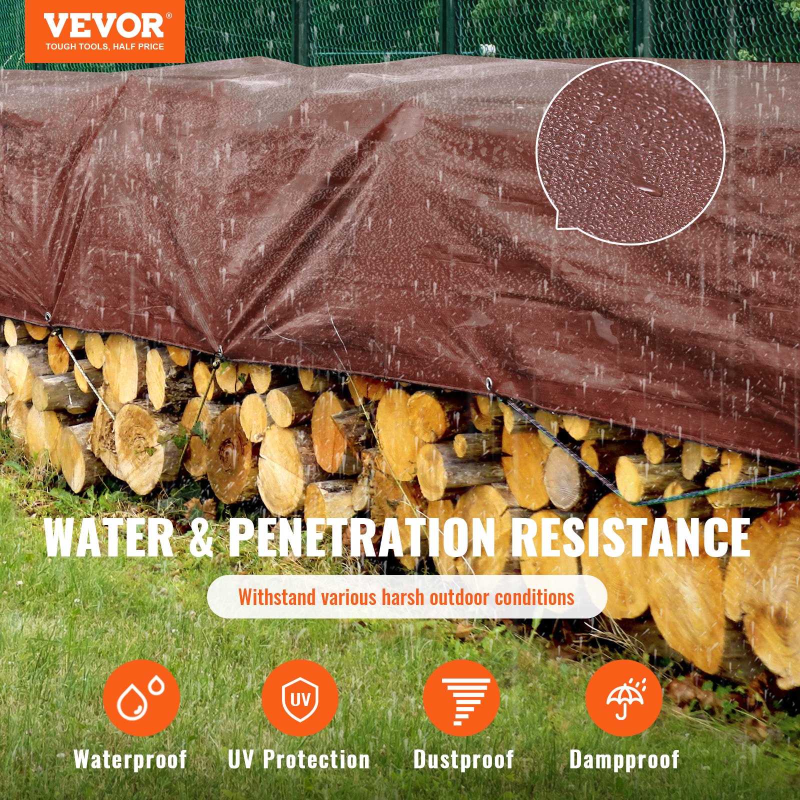VEVOR waterproof tarp covering firewood with water-resistant, uv protection, dustproof, and dampproof features.