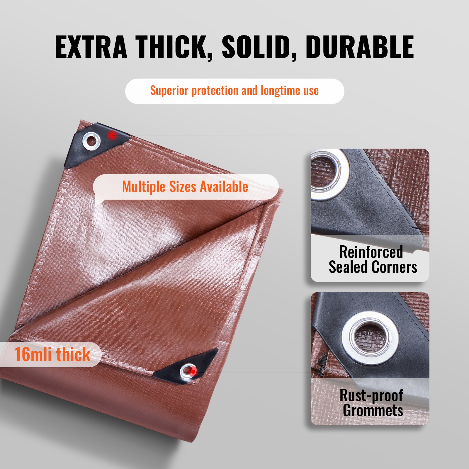 VEVOR waterproof tarp with reinforced corners, rust-proof grommets, 16 mil thick, multiple sizes available.