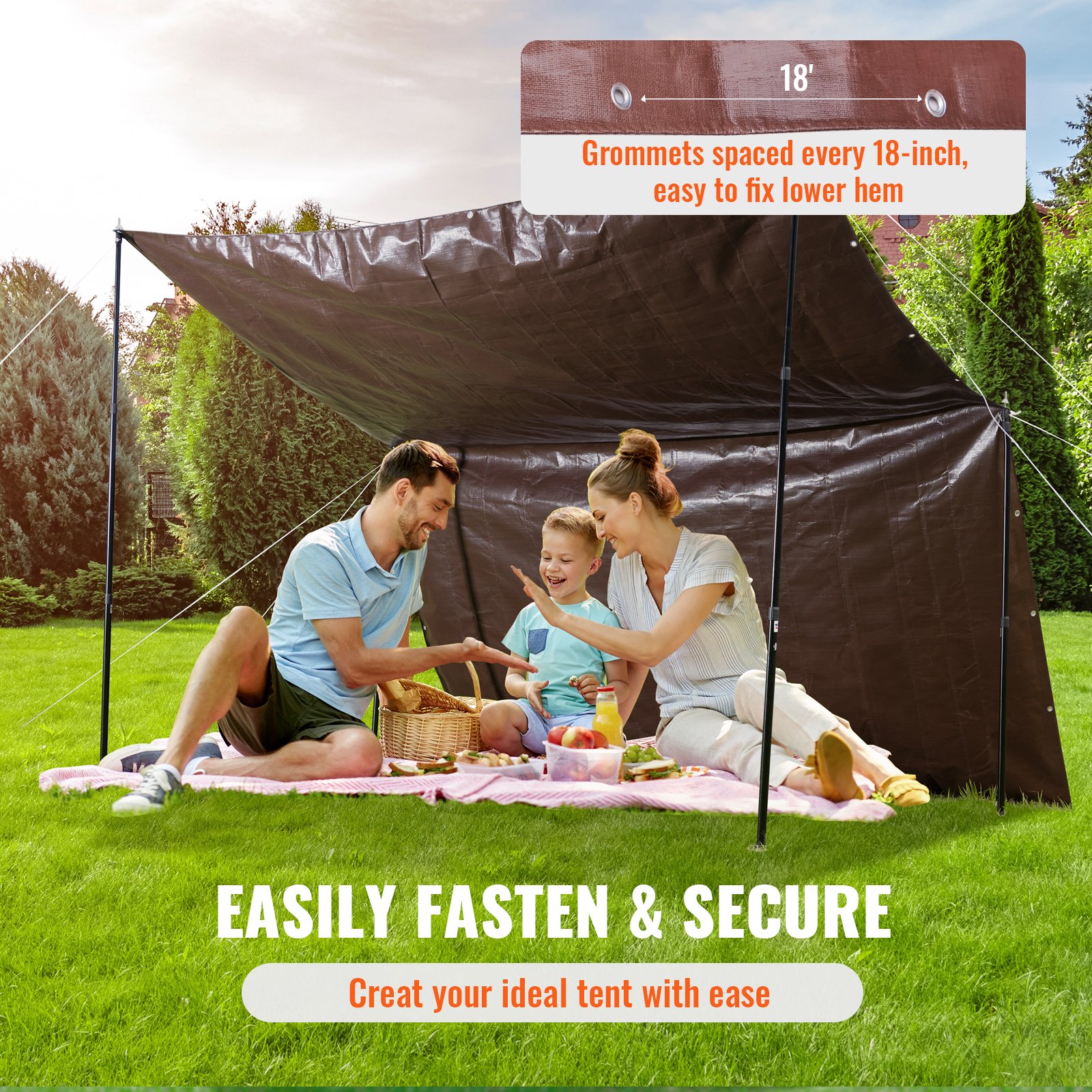 family enjoying picnic under a VEVOR waterproof tarp with grommets spaced every 18 inches, providing shade.