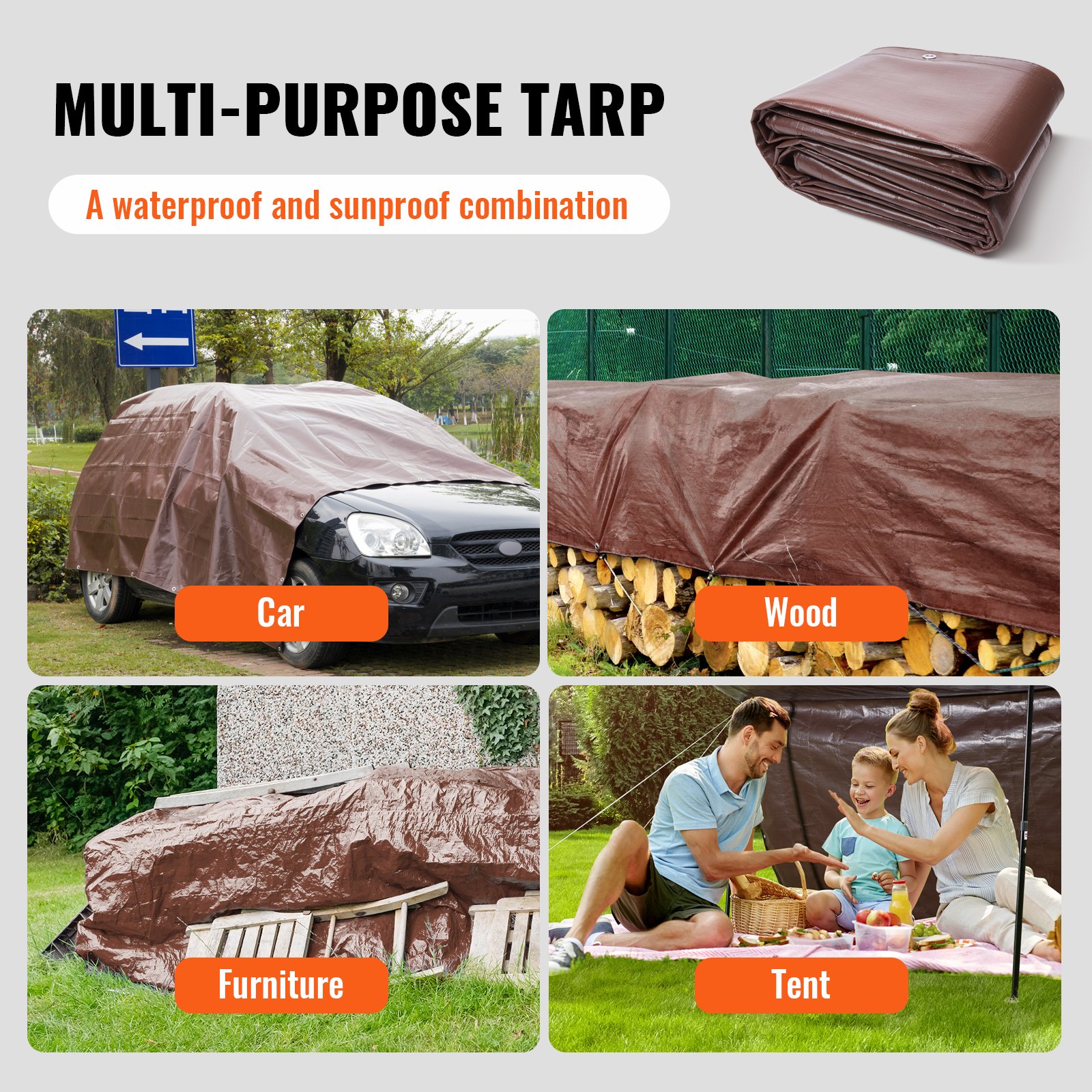 VEVOR waterproof tarp covering car, wood, furniture, and a tent in various outdoor settings.