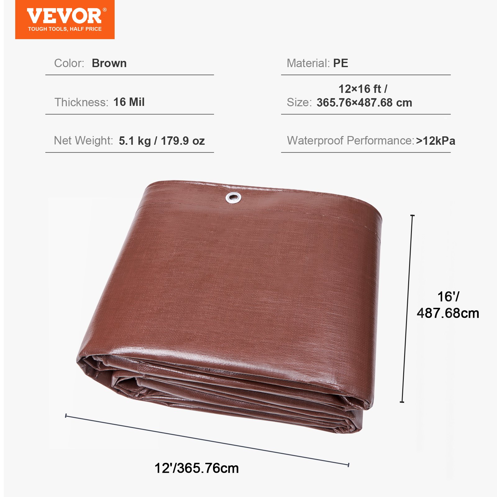 brown VEVOR waterproof tarp, 12x16 ft, 16 mil thickness, pe material, folded with eyelets.
