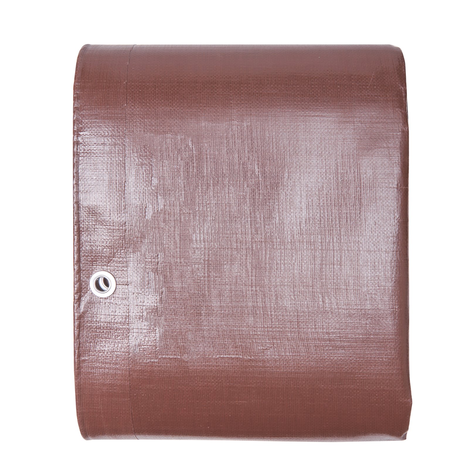 brown rolled VEVOR waterproof tarp with metal grommet on white background.