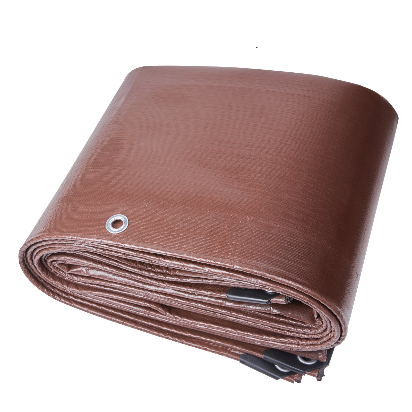 folded brown VEVOR waterproof tarp with metal grommet and black corner reinforcements.