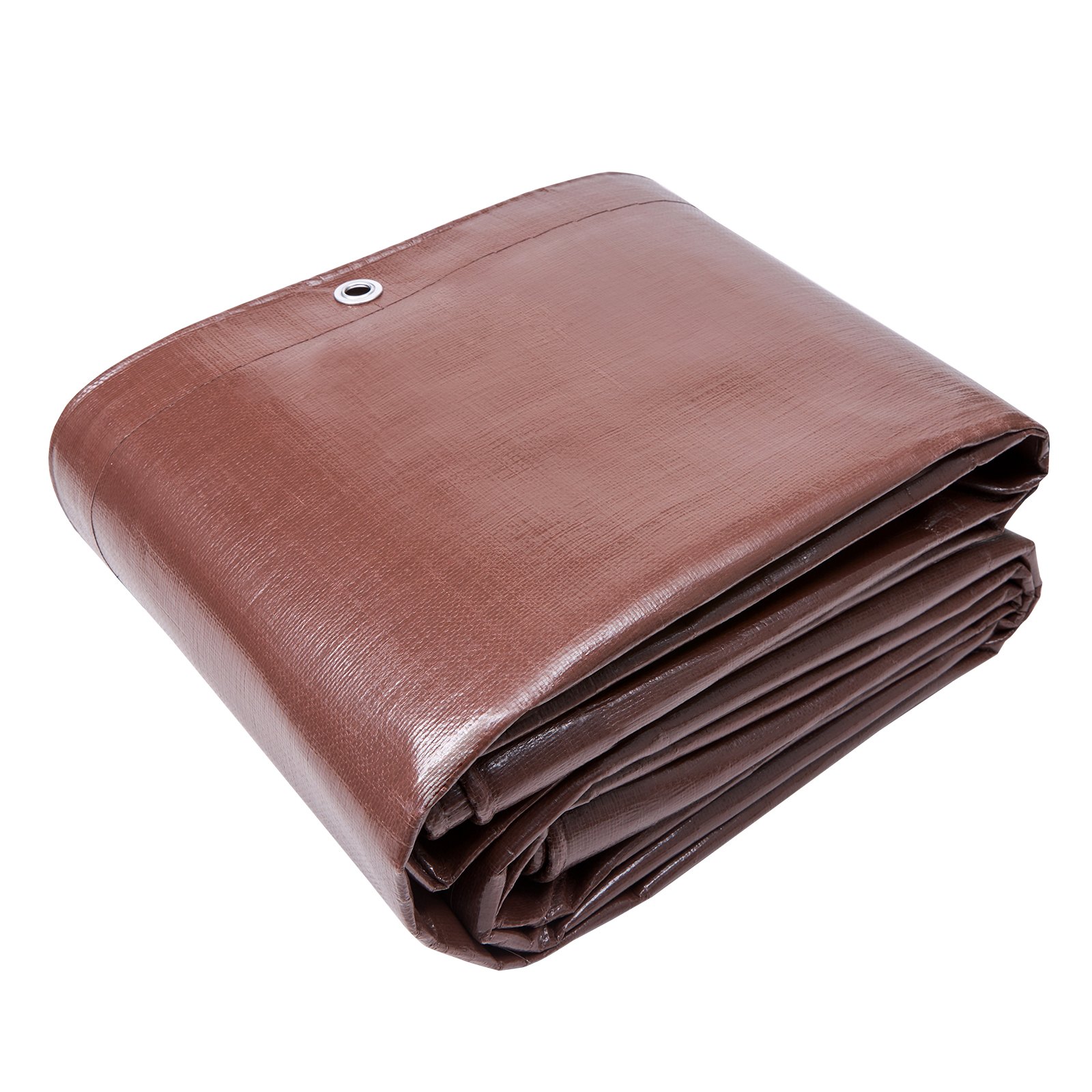 folded brown VEVOR waterproof tarp with reinforced edges and metal grommet for durability.