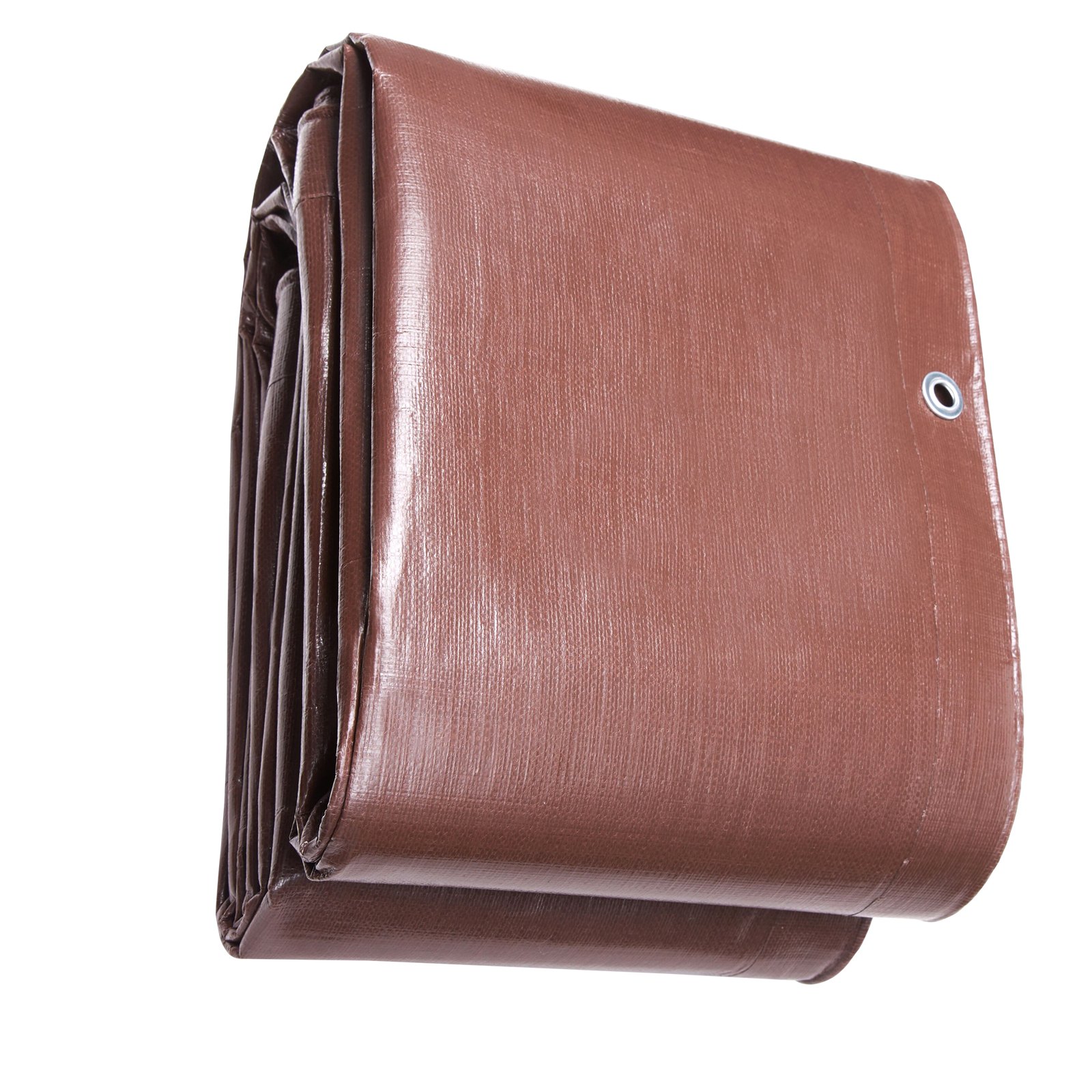 brown VEVOR waterproof tarp neatly folded with a metal grommet on the side.