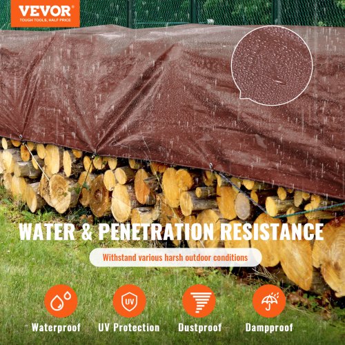 VEVOR Tarp 12x20 ft 16 Mil Thick, Waterproof Tear Proof Poly Plastic Tarps Cover, Multi-Purpose Outdoor Tarpaulin with Grommets & Reinforced Edges for Truck, RV, Boat, Camping (Brown)
