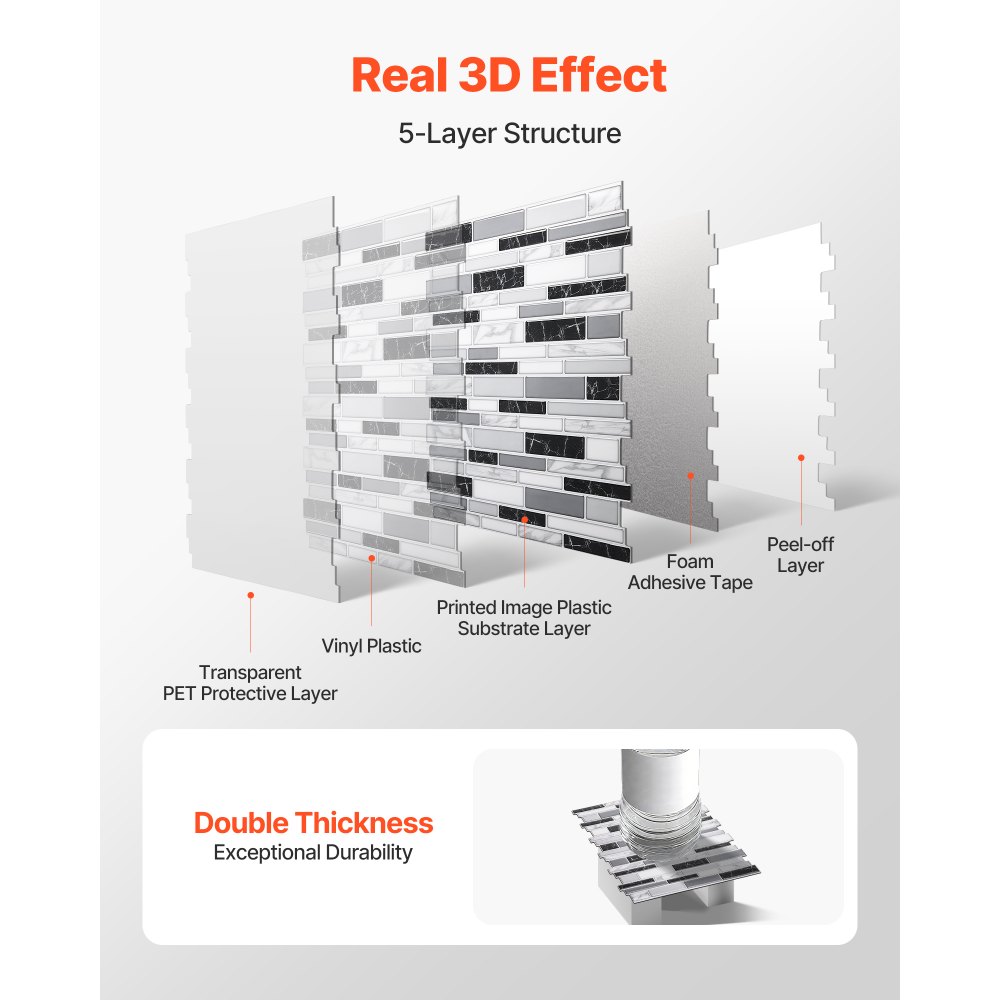 VEVOR Peel and Stick Backsplash 10-Sheet, 12 x 12 x 0.78 inch / 305 x 305 x 2.0 mm Self-Adhesive Wall Tiles, Stick on Subway Tile Backsplash for Kitchen, 3D Back Splashes for Bathroom, Stone-Look