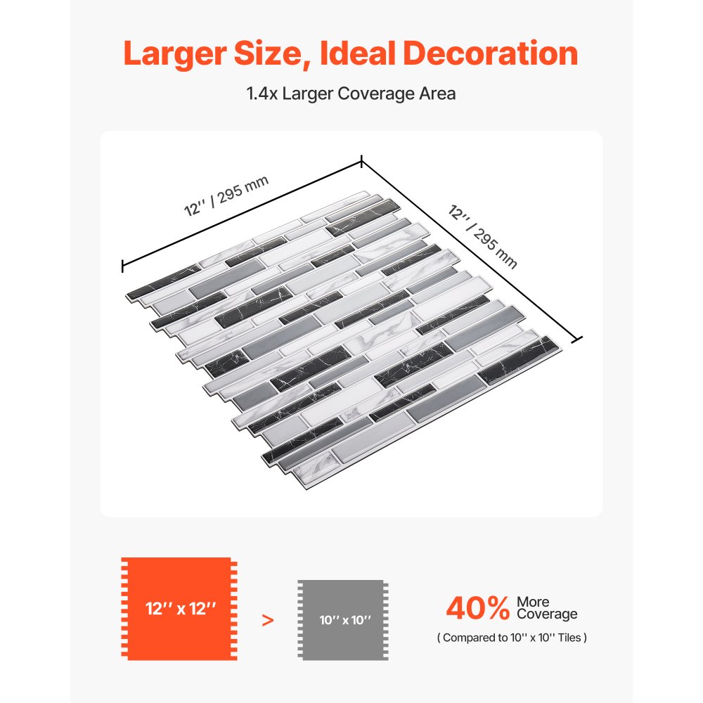 VEVOR Peel and Stick Backsplash 10-Sheet, 12 x 12 x 0.78 inch / 305 x 305 x 2.0 mm Self-Adhesive Wall Tiles, Stick on Subway Tile Backsplash for Kitchen, 3D Back Splashes for Bathroom, Stone-Look