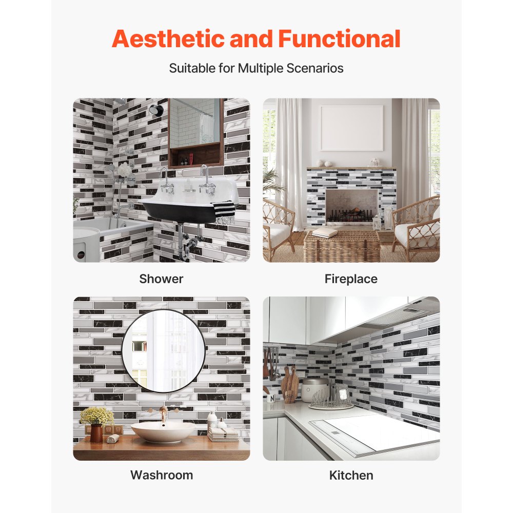 VEVOR Peel and Stick Backsplash 10-Sheet, 12 x 12 x 0.78 inch / 305 x 305 x 2.0 mm Self-Adhesive Wall Tiles, Stick on Subway Tile Backsplash for Kitchen, 3D Back Splashes for Bathroom, Stone-Look