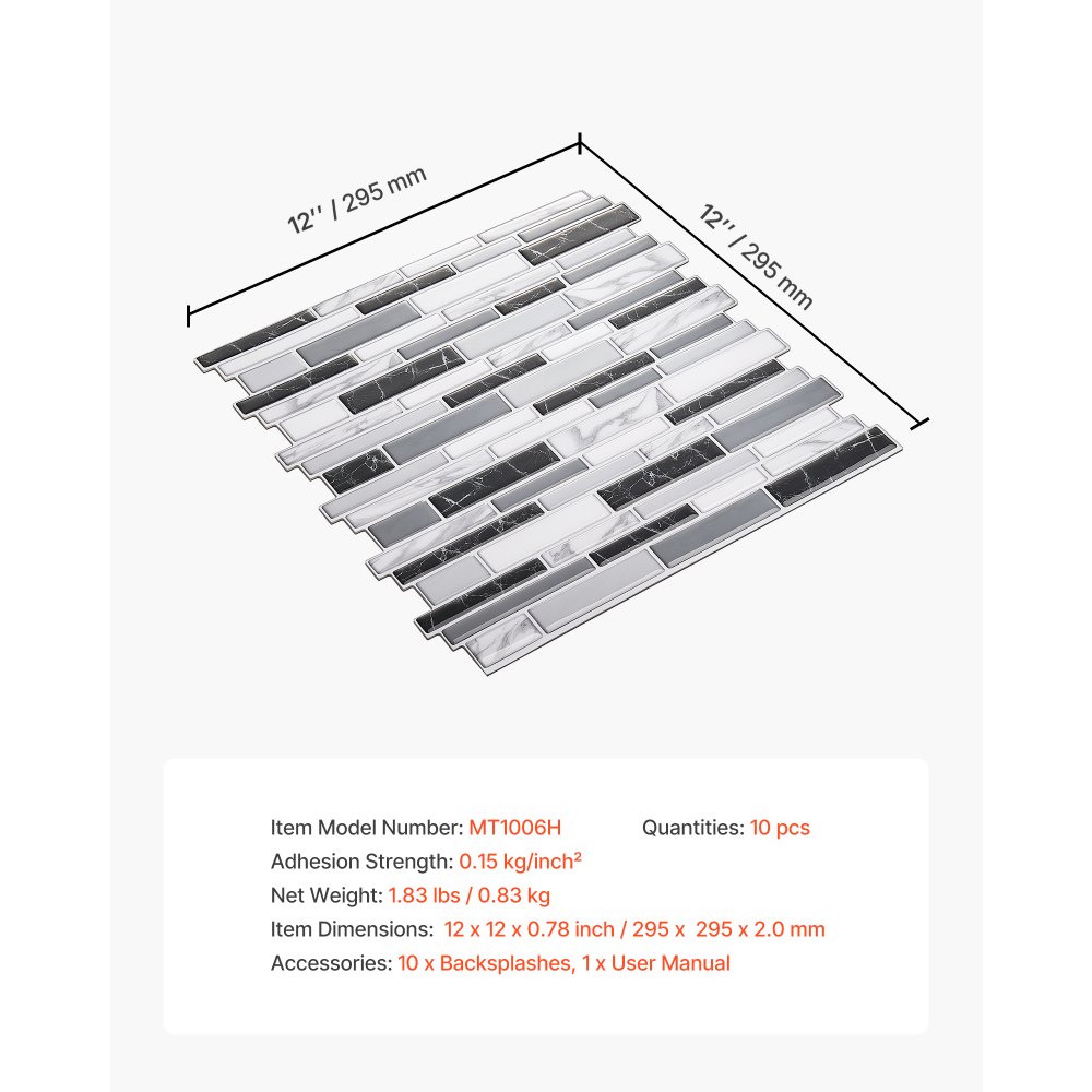 VEVOR Peel and Stick Backsplash 10-Sheet, 12 x 12 x 0.78 inch / 305 x 305 x 2.0 mm Self-Adhesive Wall Tiles, Stick on Subway Tile Backsplash for Kitchen, 3D Back Splashes for Bathroom, Stone-Look