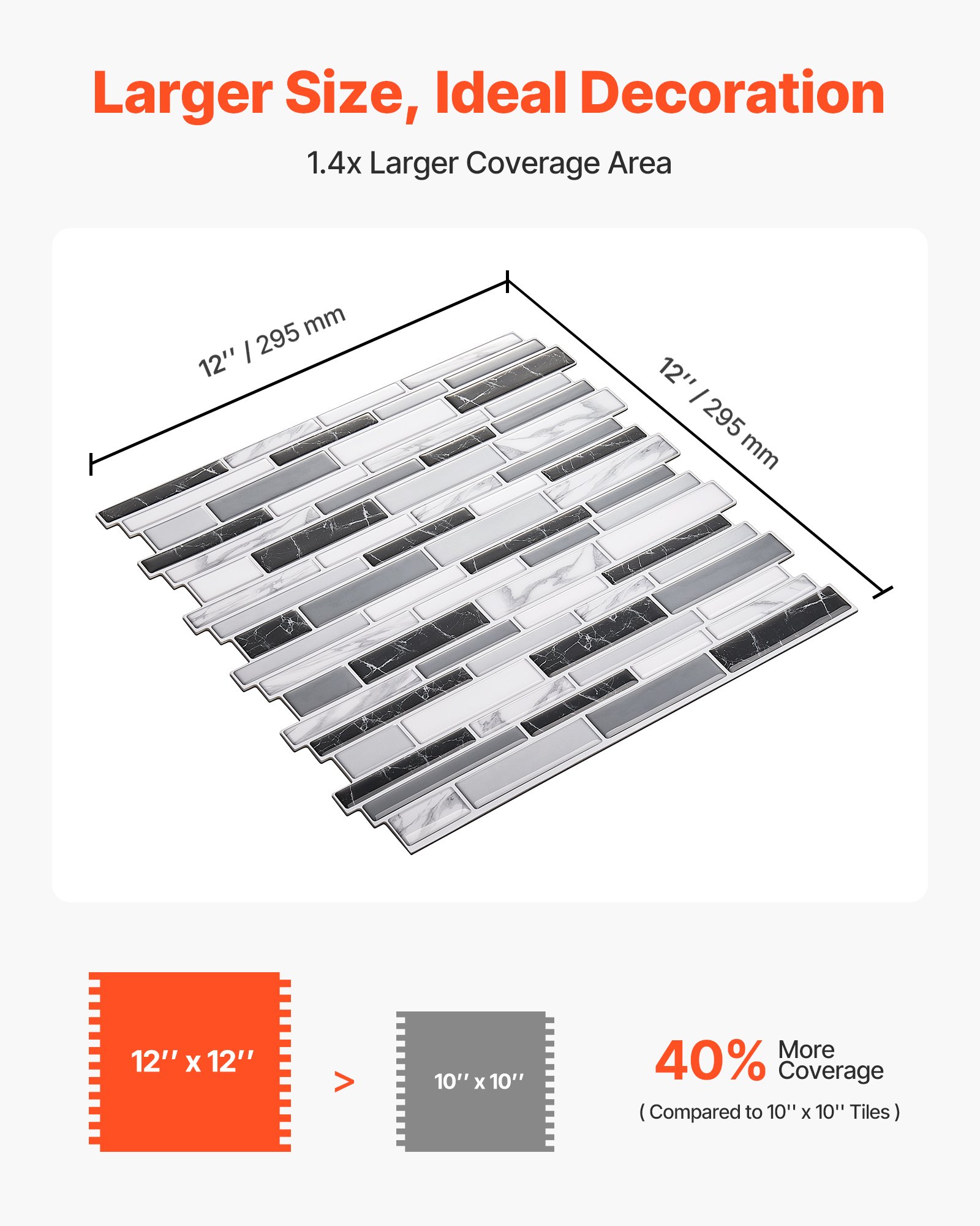 VEVOR Peel and Stick Backsplash 10-Sheet, 12 x 12 x 0.78 inch / 305 x 305 x 2.0 mm Self-Adhesive Wall Tiles, Stick on Subway Tile Backsplash for Kitchen, 3D Back Splashes for Bathroom, Stone-Look