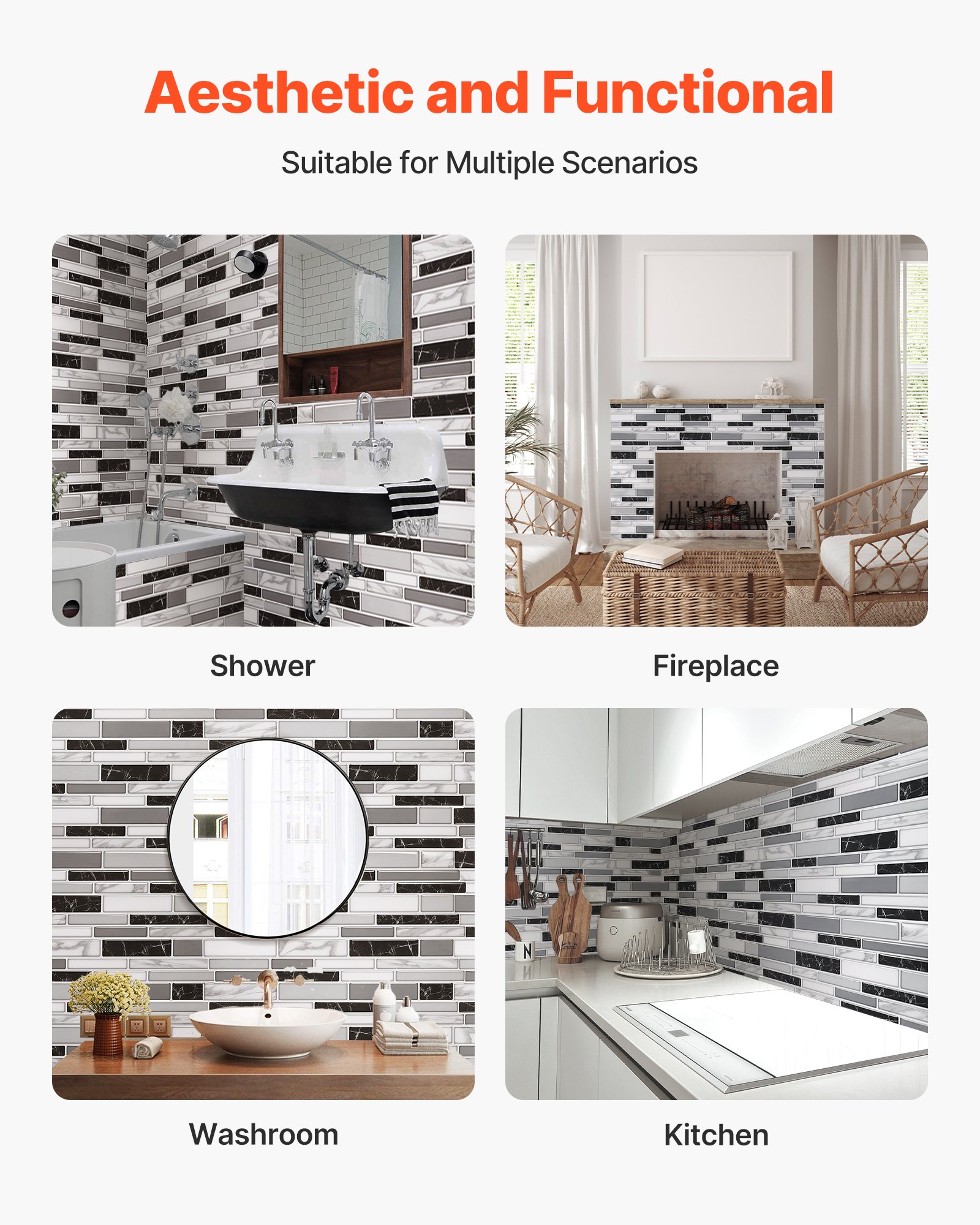 VEVOR Peel and Stick Backsplash 10-Sheet, 12 x 12 x 0.78 inch / 305 x 305 x 2.0 mm Self-Adhesive Wall Tiles, Stick on Subway Tile Backsplash for Kitchen, 3D Back Splashes for Bathroom, Stone-Look