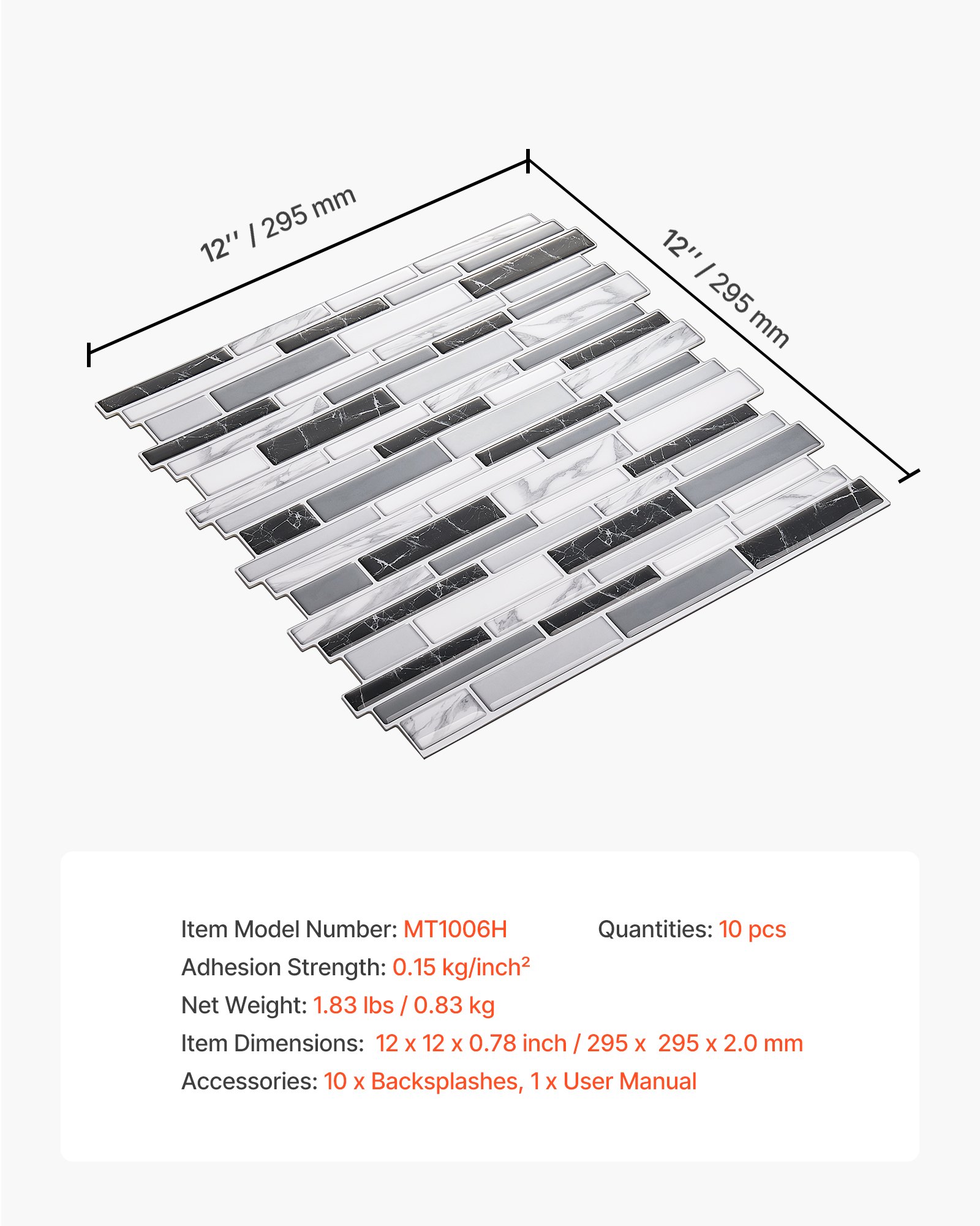 VEVOR Peel and Stick Backsplash 10-Sheet, 12 x 12 x 0.78 inch / 305 x 305 x 2.0 mm Self-Adhesive Wall Tiles, Stick on Subway Tile Backsplash for Kitchen, 3D Back Splashes for Bathroom, Stone-Look