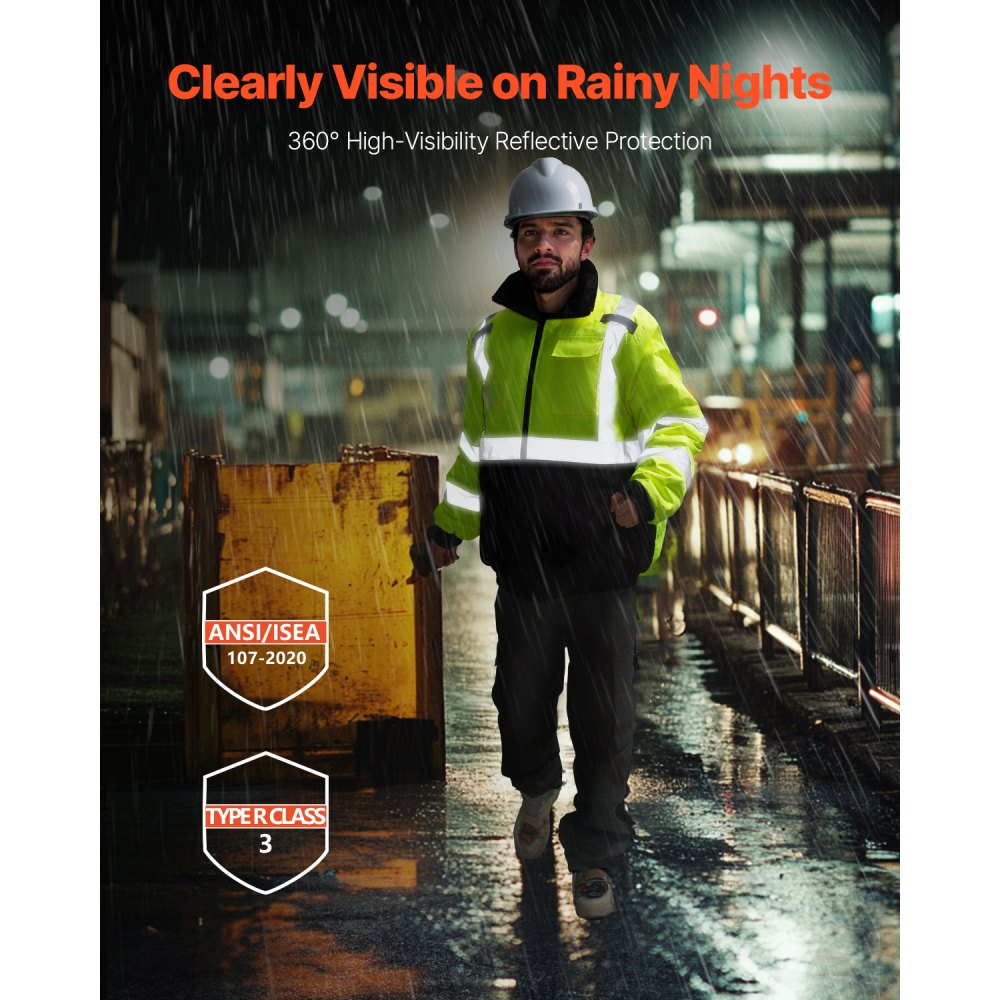 VEVOR High Visibility Reflective Safety Jacket, Waterproof Winter Hoodie, Work Construction Coat with Pockets for Men & Women, Rain Gear Meet ANSI & Class 3, Hi Vis Yellow Coat with Black Bottom, L