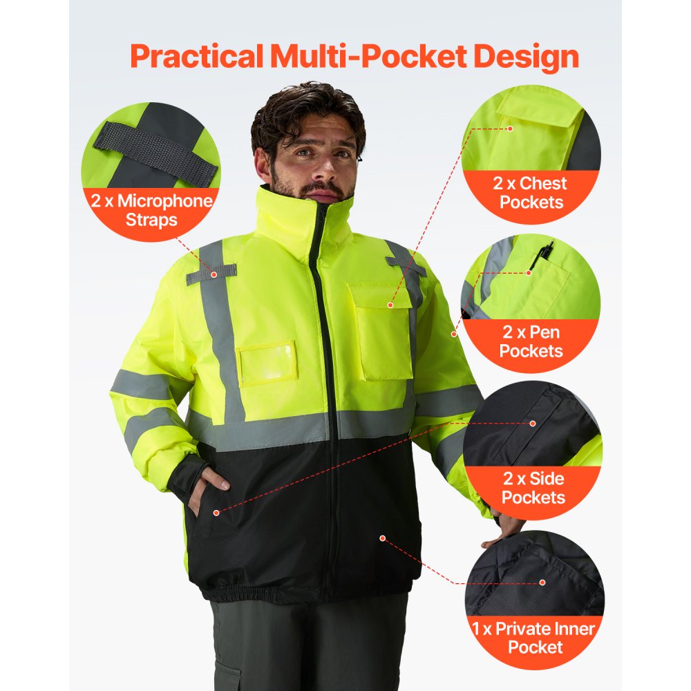 VEVOR High Visibility Reflective Safety Jacket, Waterproof Winter Hoodie, Work Construction Coat with Pockets for Men & Women, Rain Gear Meet ANSI & Class 3, Hi Vis Yellow Coat with Black Bottom, L