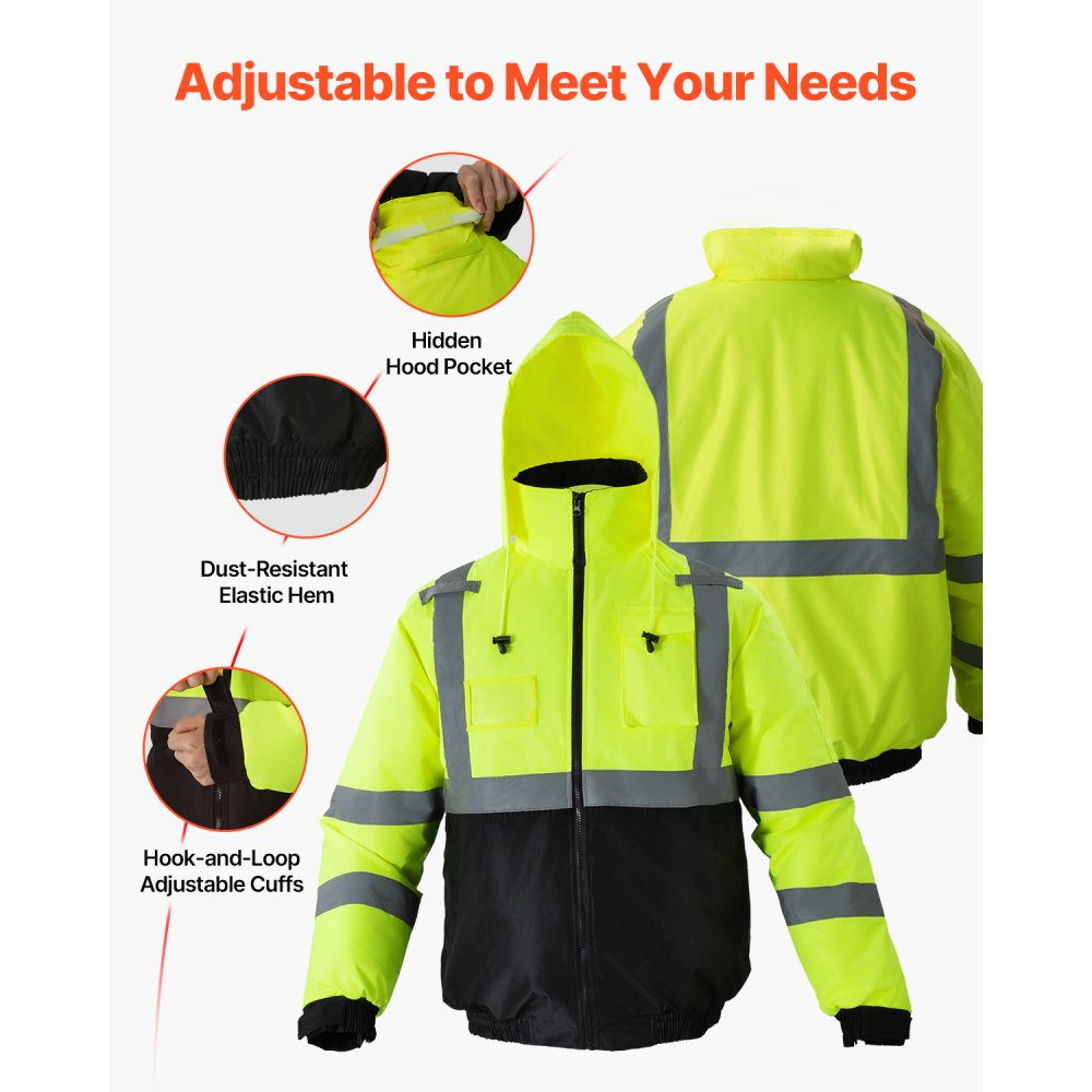 VEVOR High Visibility Reflective Safety Jacket, Waterproof Winter Hoodie, Work Construction Coat with Pockets for Men & Women, Rain Gear Meet ANSI & Class 3, Hi Vis Yellow Coat with Black Bottom, L