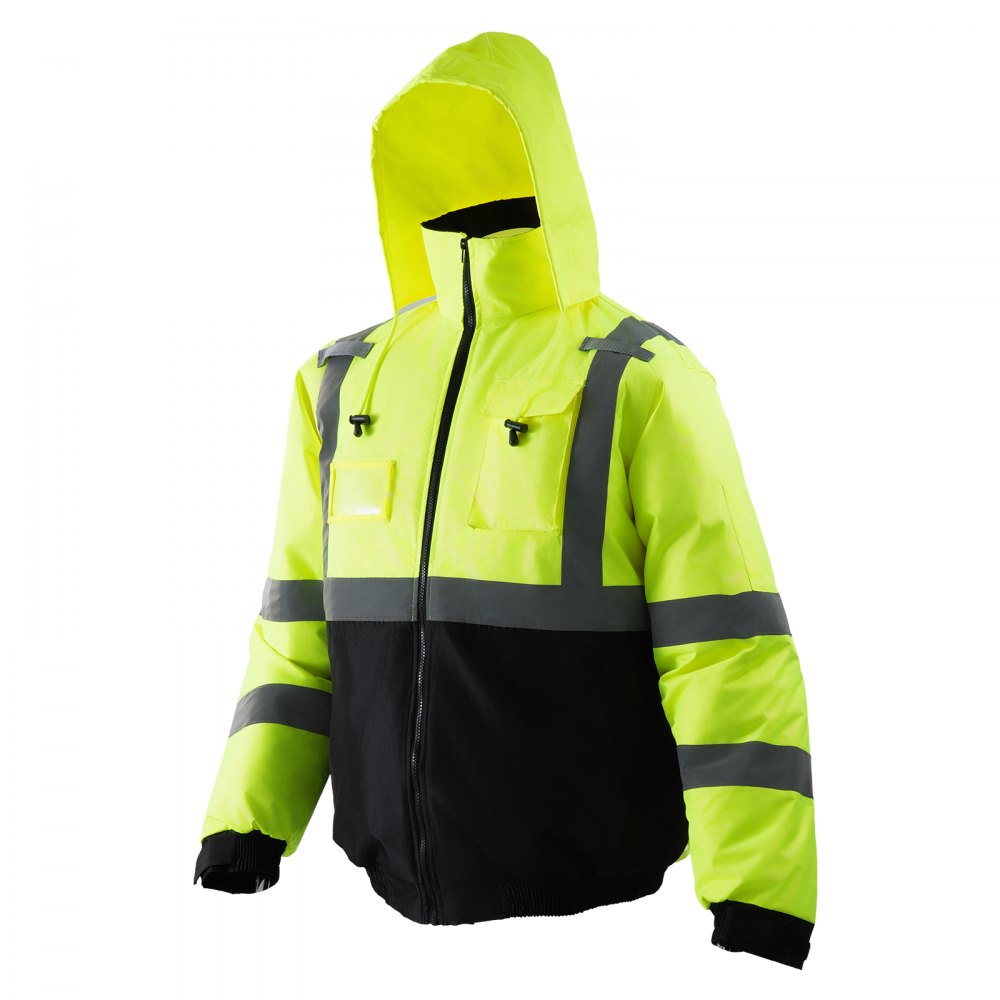 VEVOR High Visibility Reflective Safety Jacket, Waterproof Winter Hoodie, Work Construction Coat with Pockets for Men & Women, Rain Gear Meet ANSI & Class 3, Hi Vis Yellow Coat with Black Bottom, L