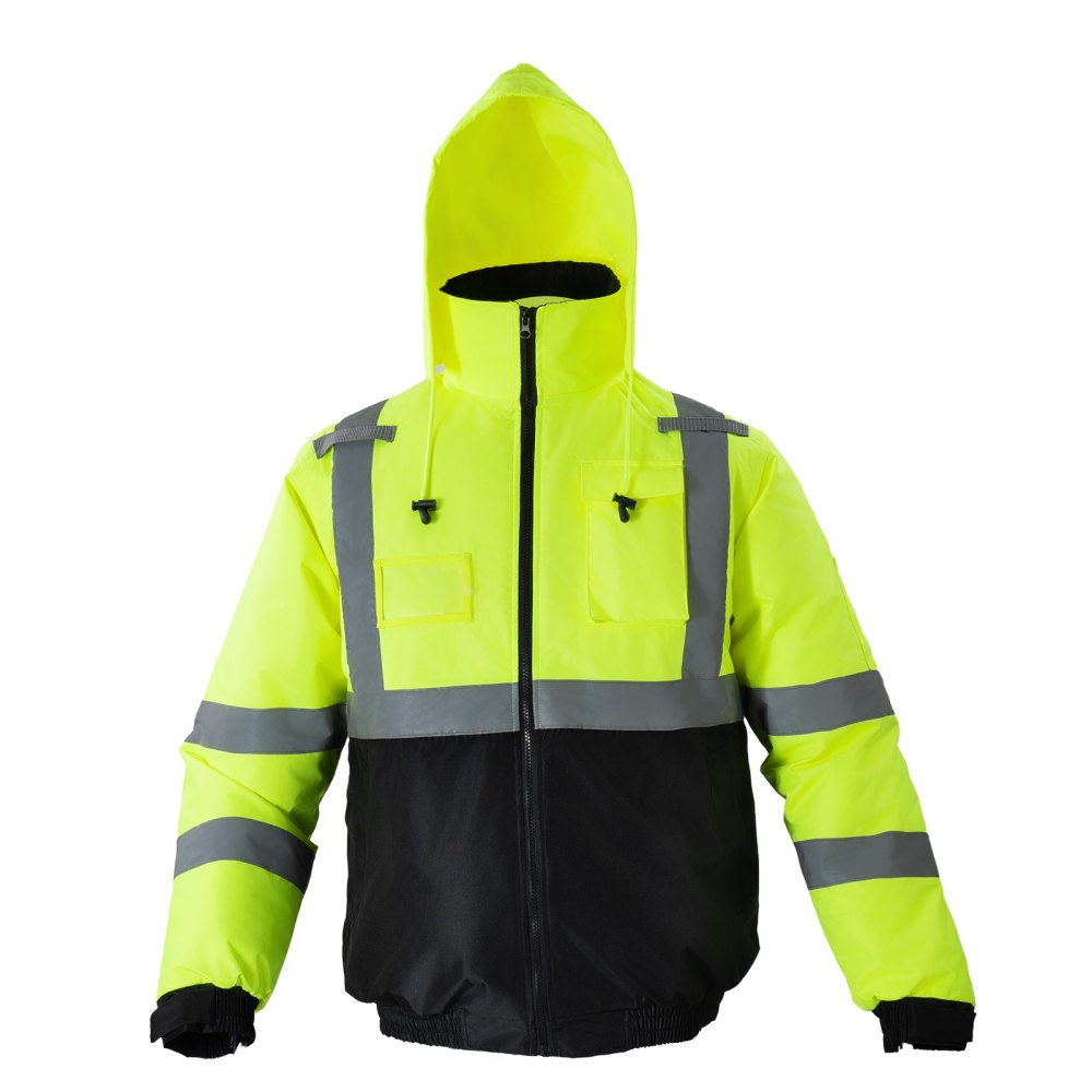 VEVOR High Visibility Reflective Safety Jacket, Waterproof Winter Hoodie, Work Construction Coat with Pockets for Men & Women, Rain Gear Meet ANSI & Class 3, Hi Vis Yellow Coat with Black Bottom, L