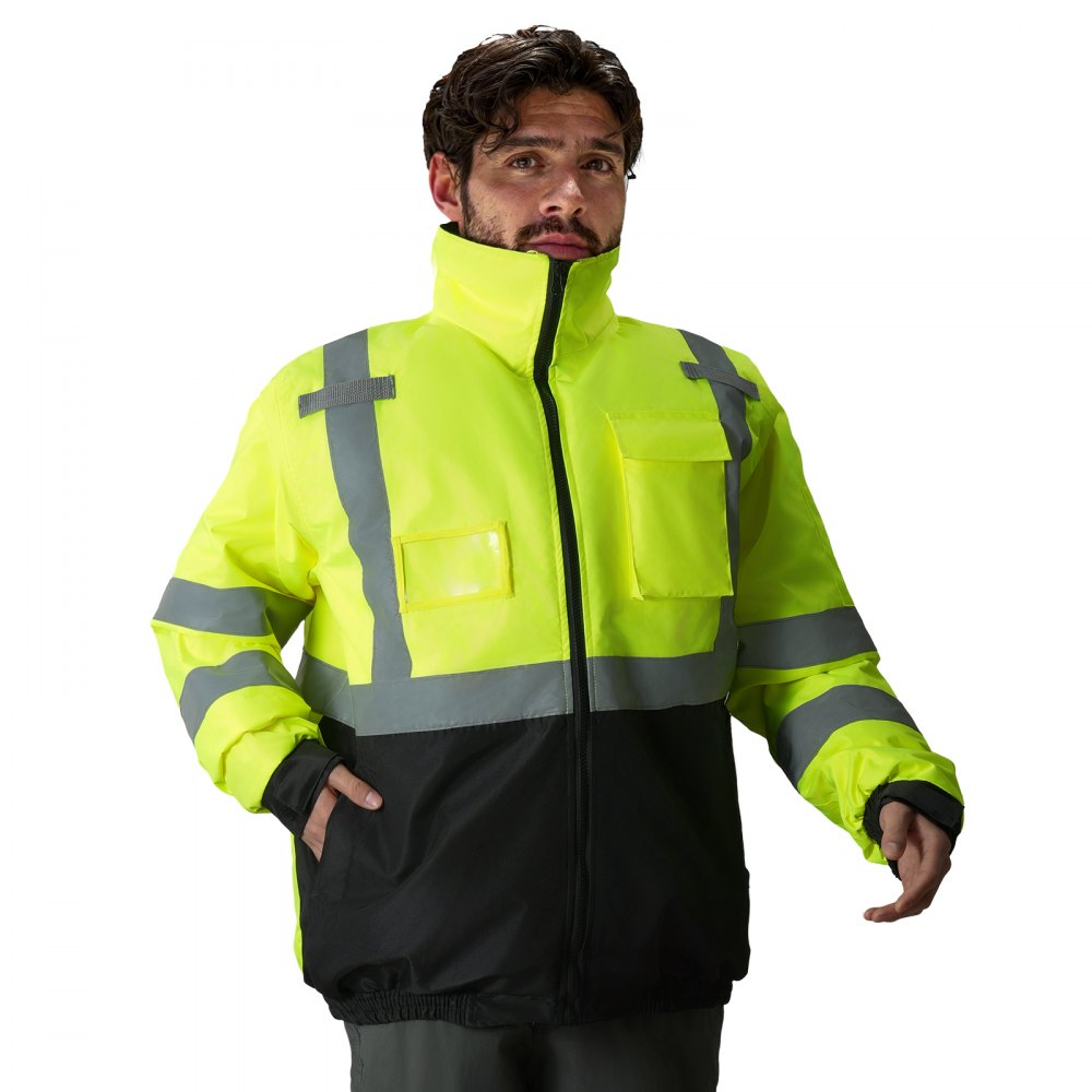 VEVOR High Visibility Reflective Safety Jacket, Waterproof Winter Hoodie, Work Construction Coat with Pockets for Men & Women, Rain Gear Meet ANSI & Class 3, Hi Vis Yellow Coat with Black Bottom, L