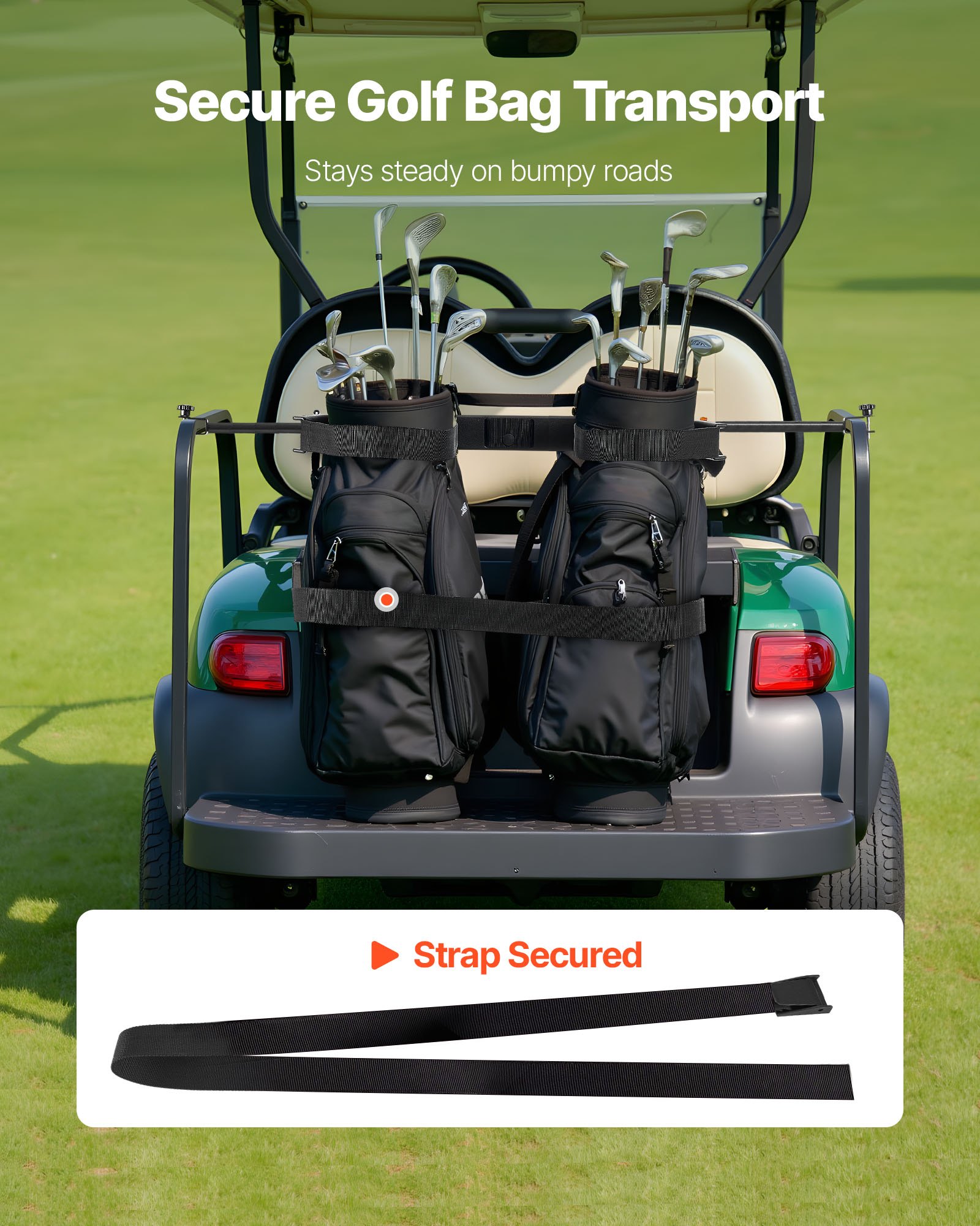 VEVOR Golf Cart Bag Holder, 1370 x 195 x 60.5 mm, Compatible with Most 2+2 Golf Cart Rear Seat with 1.2-Inch Square Tubes, Adjustable Rear Seat Carts Club Holder with Strap, No Drilling Required