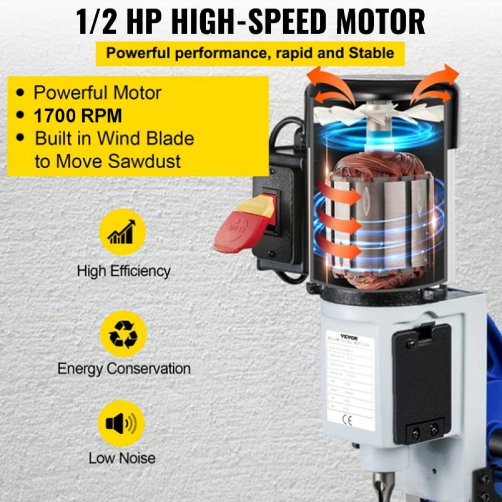 VEVOR Woodworking Mortise Machine, 373 W(1/2 HP) 1400RPM Powermatic Mortiser, With Movable Work Bench Benchtop Mortising Machine, For Making Round Holes Square Holes Or Special Square Holes In Wood