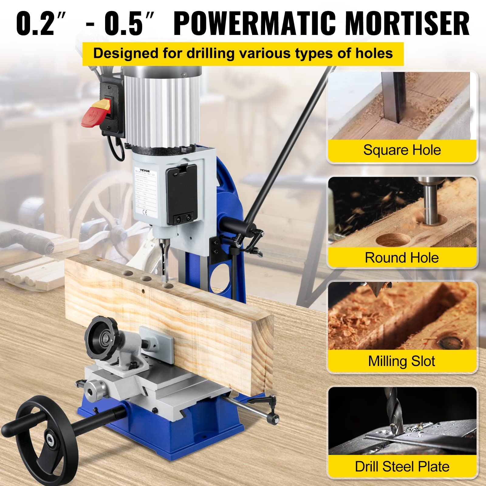 VEVOR Woodworking Mortise Machine, 373 W(1/2 HP) 1400RPM Powermatic Mortiser, With Movable Work Bench Benchtop Mortising Machine, For Making Round Holes Square Holes Or Special Square Holes In Wood
