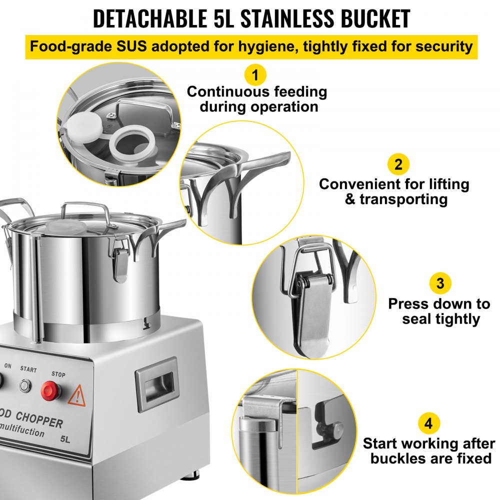 VEVOR Procesador de alimentos comercial de 110 V, capacidad de 5 L, cortador de alimentos eléctrico de 550 W, procesador de alimentos de acero inoxidable de 1400 RPM, perfecto para verduras, frutas, granos, maní, jengibre, ajo