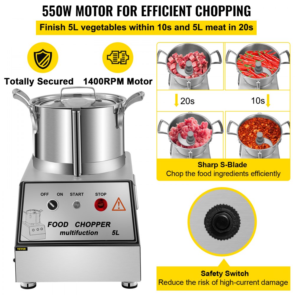 VEVOR Procesador de alimentos comercial de 110 V, capacidad de 5 L, cortador de alimentos eléctrico de 550 W, procesador de alimentos de acero inoxidable de 1400 RPM, perfecto para verduras, frutas, granos, maní, jengibre, ajo