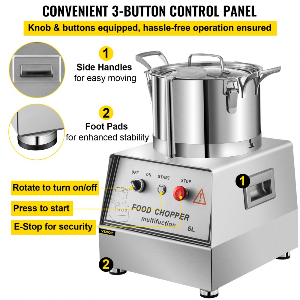 VEVOR Procesador de alimentos comercial de 110 V, capacidad de 5 L, cortador de alimentos eléctrico de 550 W, procesador de alimentos de acero inoxidable de 1400 RPM, perfecto para verduras, frutas, granos, maní, jengibre, ajo