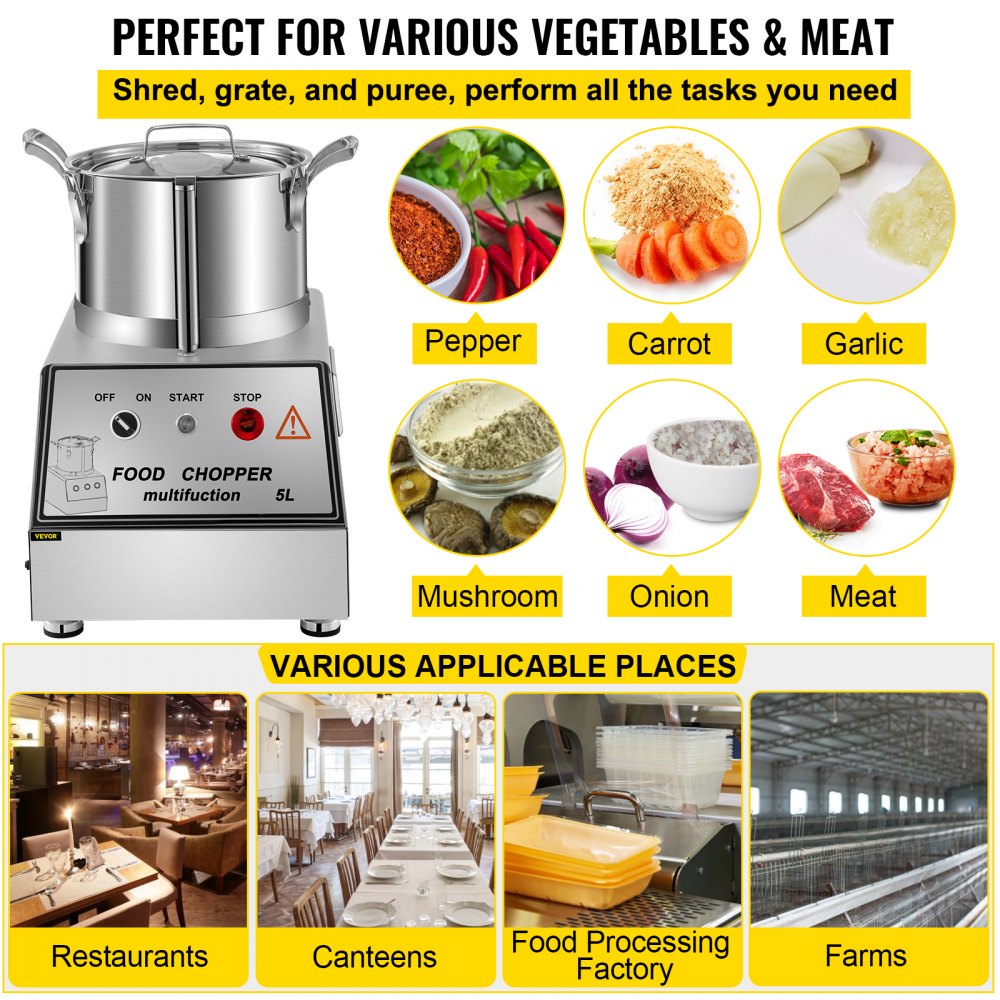 VEVOR Procesador de alimentos comercial de 110 V, capacidad de 5 L, cortador de alimentos eléctrico de 550 W, procesador de alimentos de acero inoxidable de 1400 RPM, perfecto para verduras, frutas, granos, maní, jengibre, ajo