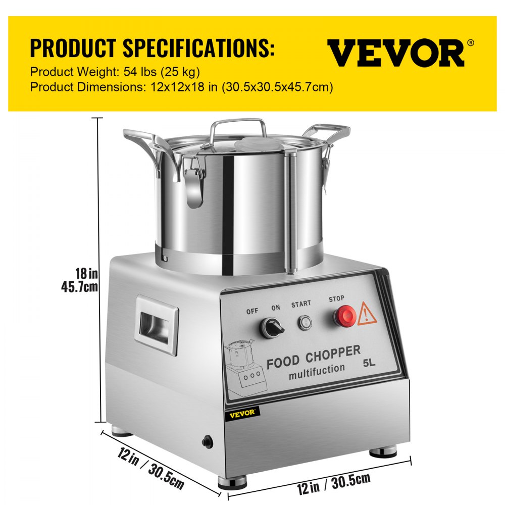 VEVOR Procesador de alimentos comercial de 110 V, capacidad de 5 L, cortador de alimentos eléctrico de 550 W, procesador de alimentos de acero inoxidable de 1400 RPM, perfecto para verduras, frutas, granos, maní, jengibre, ajo