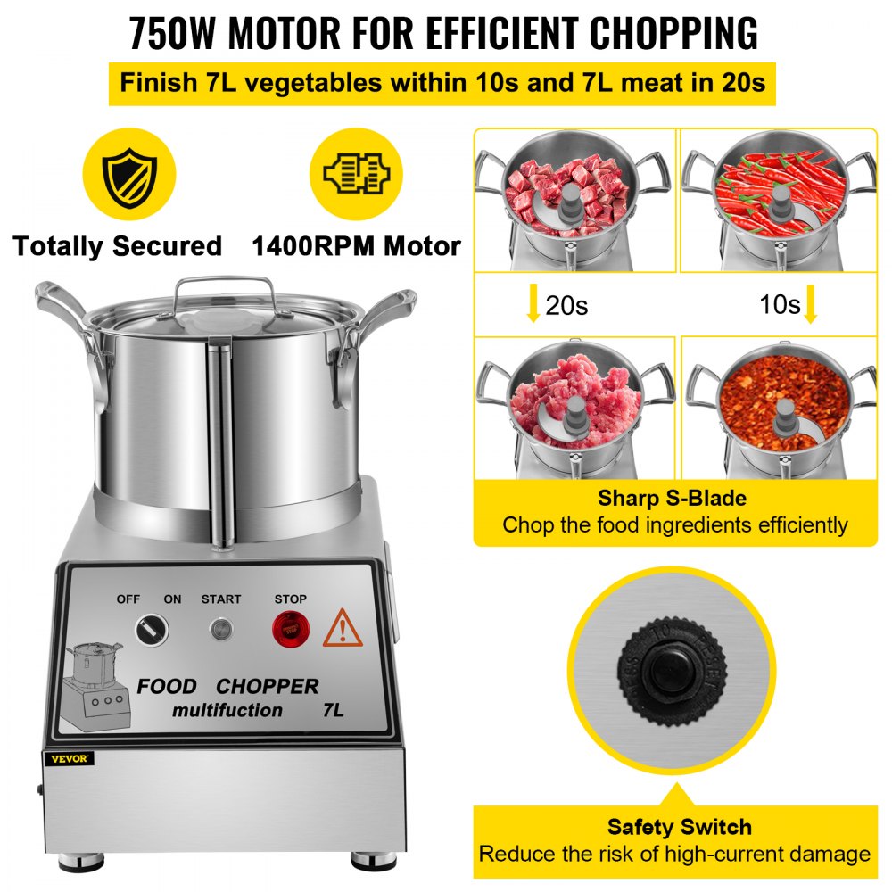 Food Processor Chopper Grinder Slicer Electric 750W Mill Dicer 6L