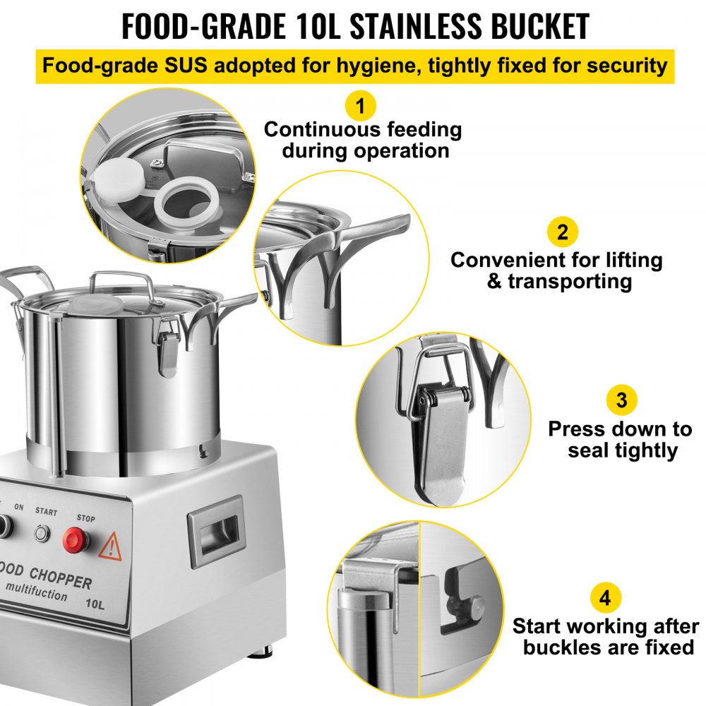 VEVOR 110V Commercial Food Processor 10L Capacity 1100W Electric Food Cutter 1400RPM Stainless Steel Food Processor Perfect for Vegetable Fruits Grains Peanut Ginger Garlic