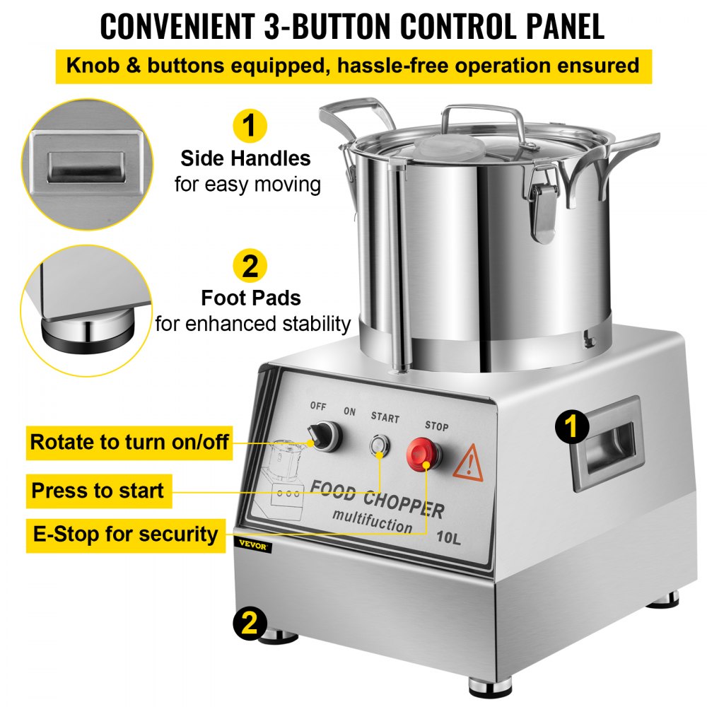 VEVOR 110V Commercial Food Processor 10L Capacity 1100W Electric Food Cutter 1400RPM Stainless Steel Food Processor Perfect for Vegetable Fruits Grains Peanut Ginger Garlic