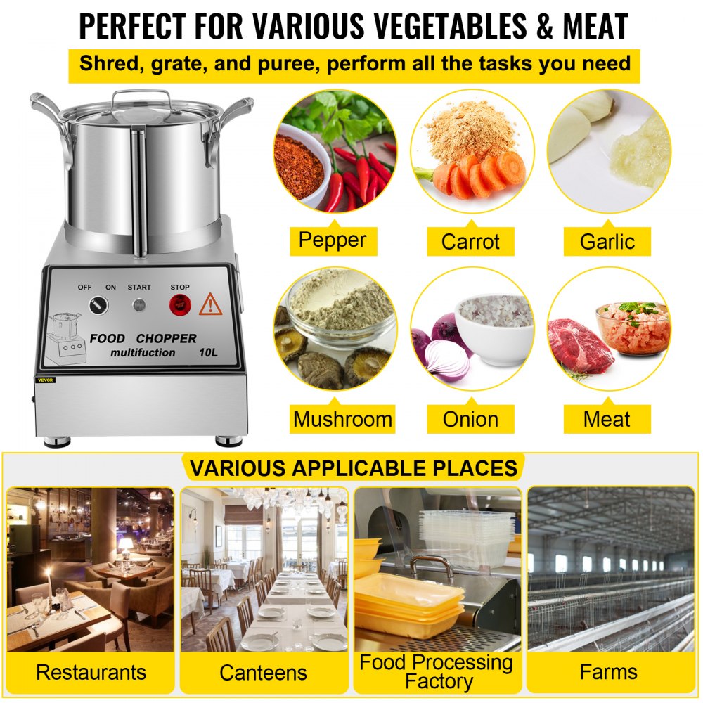 VEVOR 110V Commercial Food Processor 10L Capacity 1100W Electric Food Cutter 1400RPM Stainless Steel Food Processor Perfect for Vegetable Fruits Grains Peanut Ginger Garlic