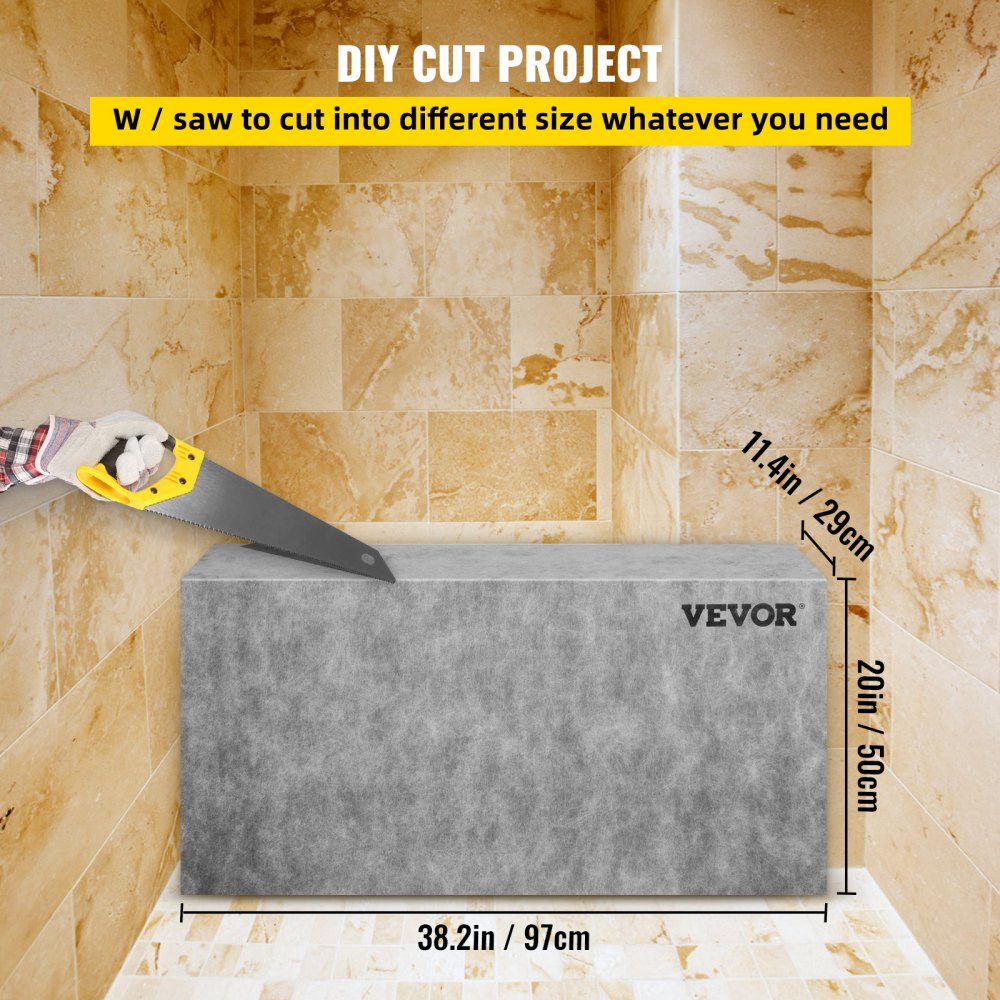 VEVOR tile shower seat being cut with a saw for a diy project in a marble-tiled bathroom.