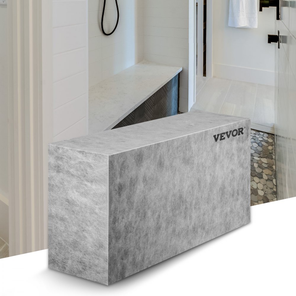 VEVOR tile shower seat next to a modern shower with white and pebble tile details.