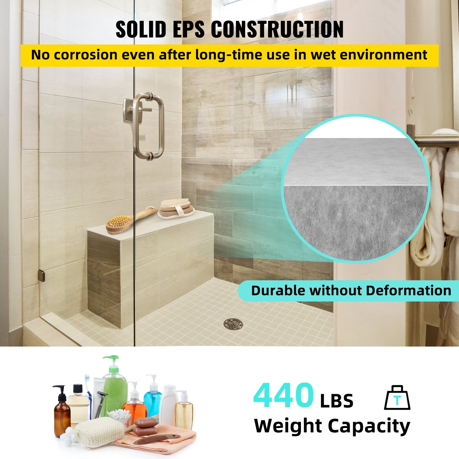 VEVOR tile shower seat in modern bathroom, solid eps, corrosion-resistant, durable, 440 lbs capacity.