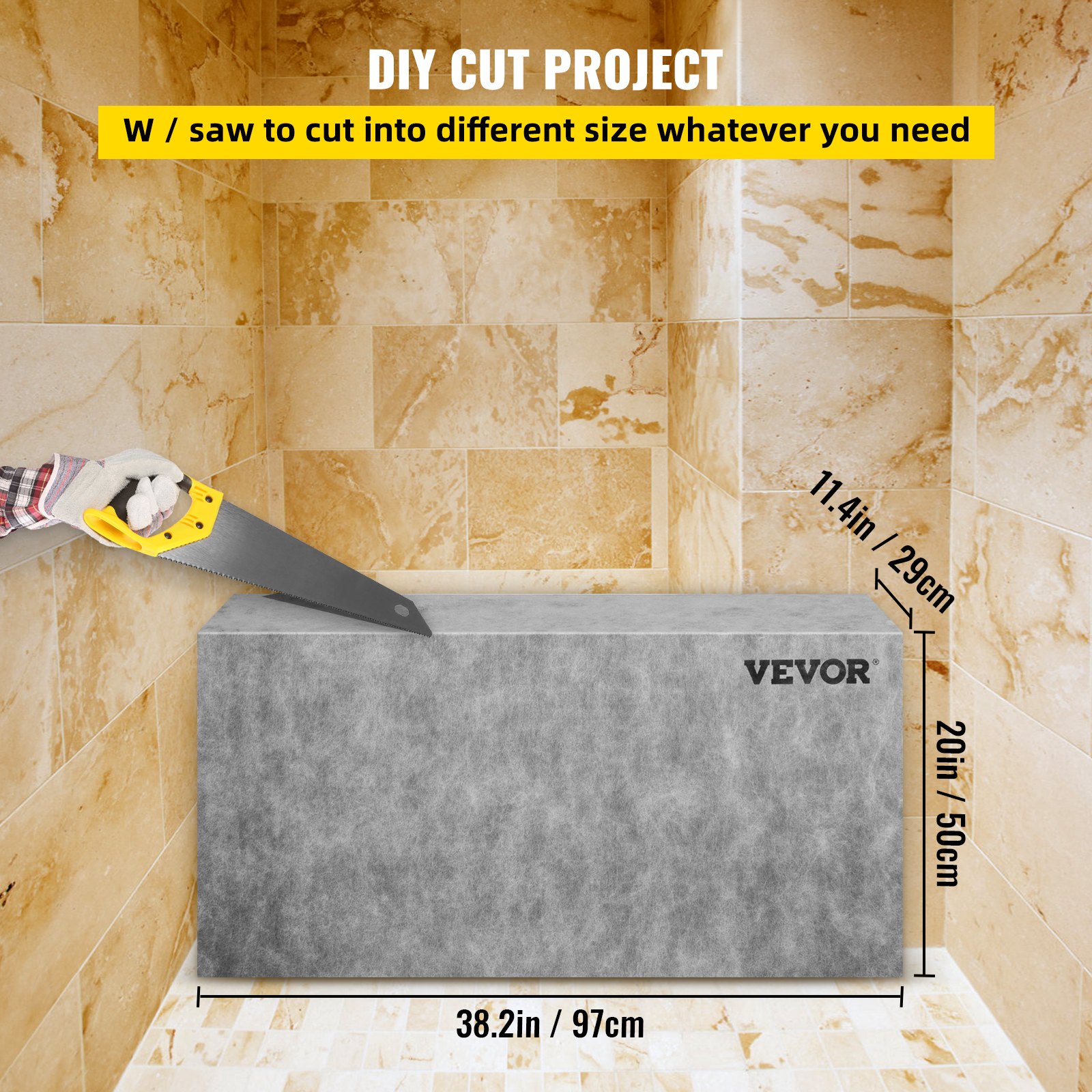 VEVOR tile shower seat being cut with a saw for a diy project in a marble-tiled bathroom.