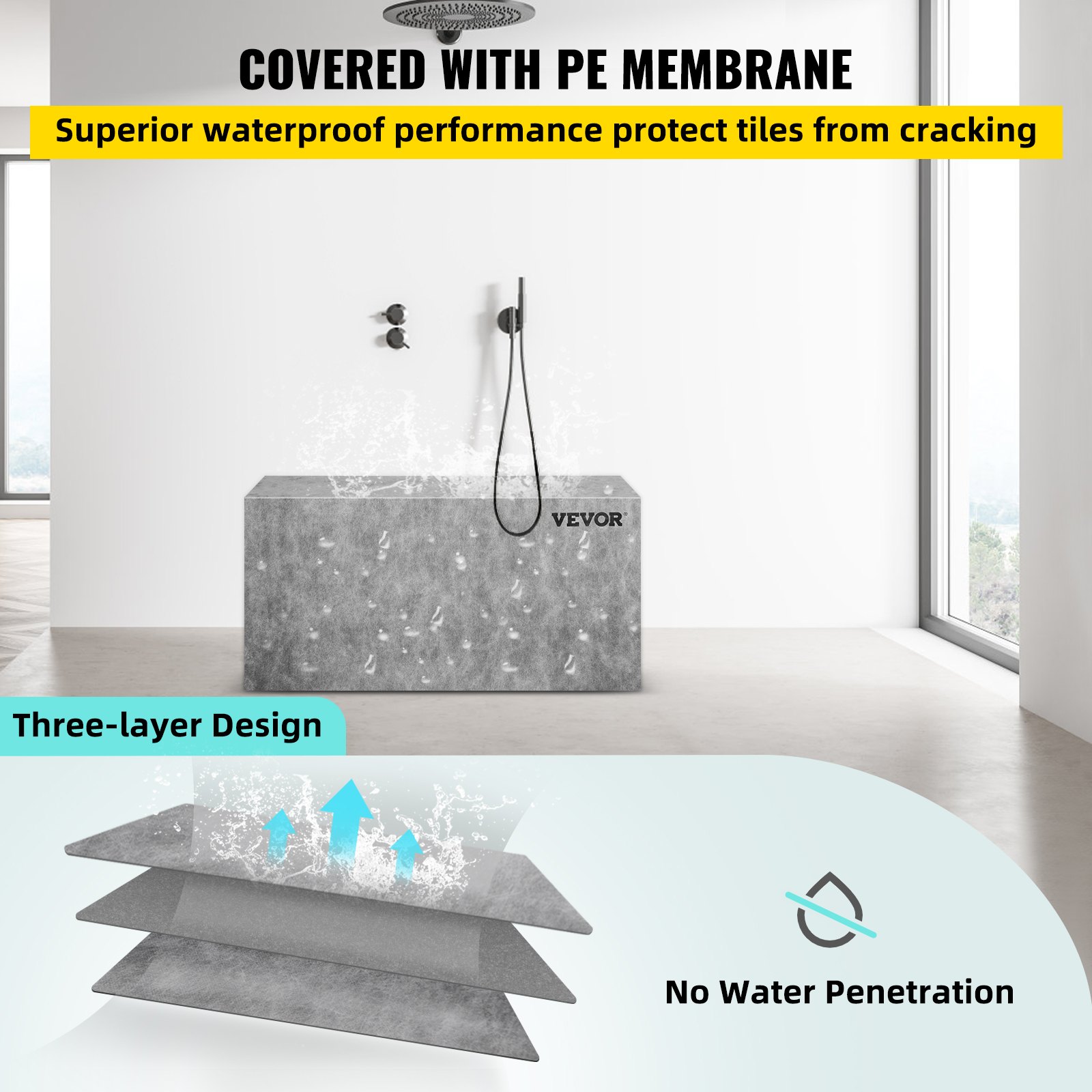 VEVOR tile shower seat with pe membrane for superior waterproof protection and three-layer design.
