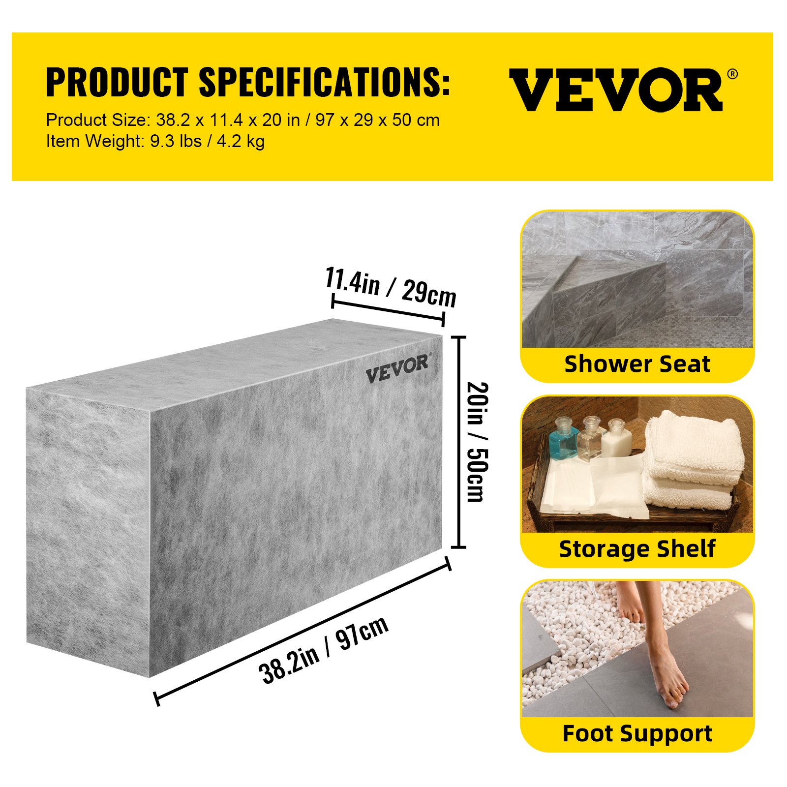 VEVOR tile shower seat, 38.2in x 11.4in x 20in, gray stone design with storage shelf and foot support.