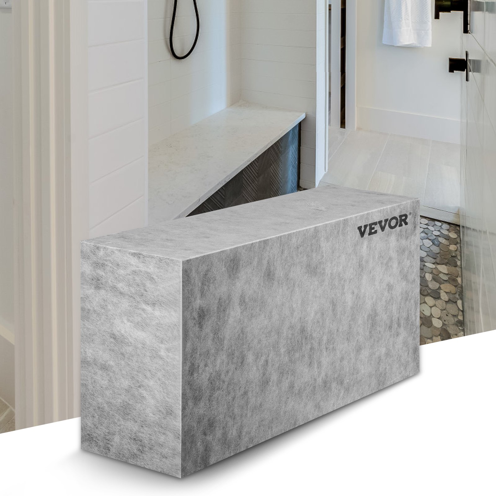 VEVOR tile shower seat next to a modern shower with white and pebble tile details.