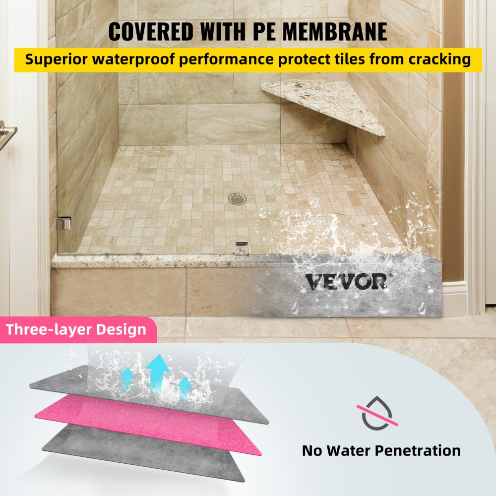 VEVOR shower curb with three-layer design, waterproof pe membrane, prevents water penetration.